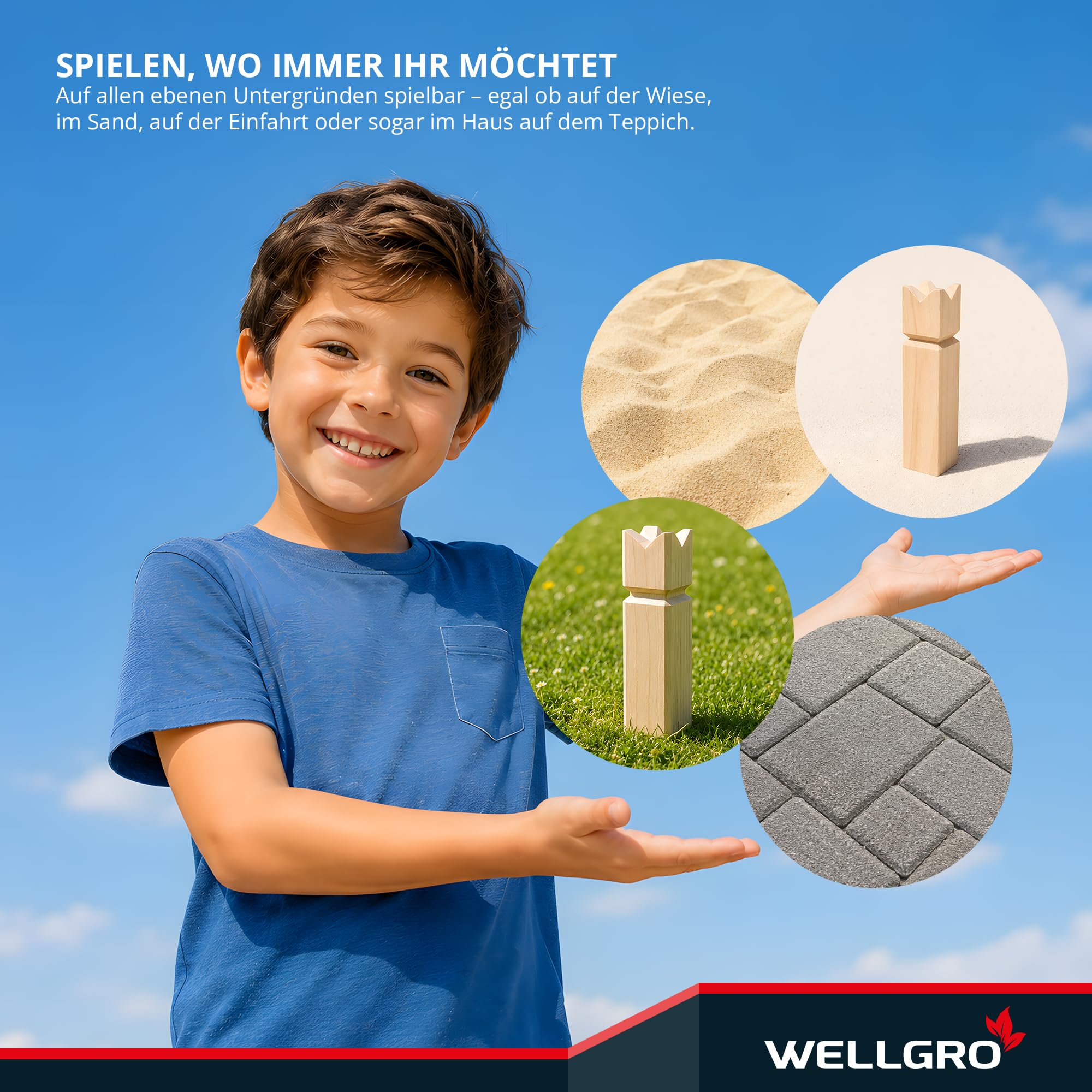 WELLGRO Kubb Spiel aus Holz für 2-12 Spieler – Schwedenschach mit Naturholz König, Netzbeutel & Anleitung, Wikinger Schach Outdoor
