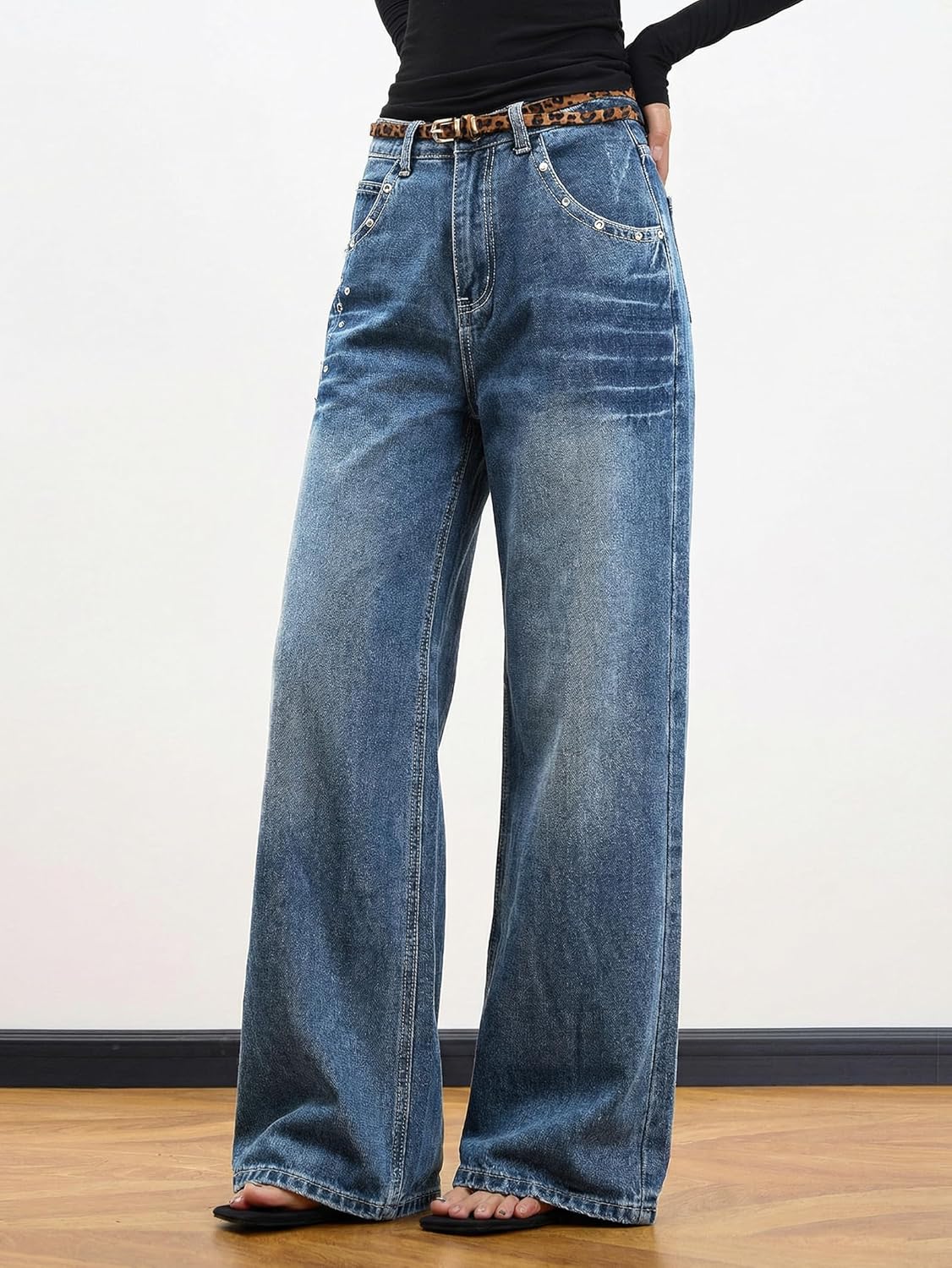 EMMIOL 2026 Women’s Mid High Waisted Wide Leg Jeans Rivet Y2K Baggy Jeans Trendy Loose Straight Denim Pants with Pockets - Image 3