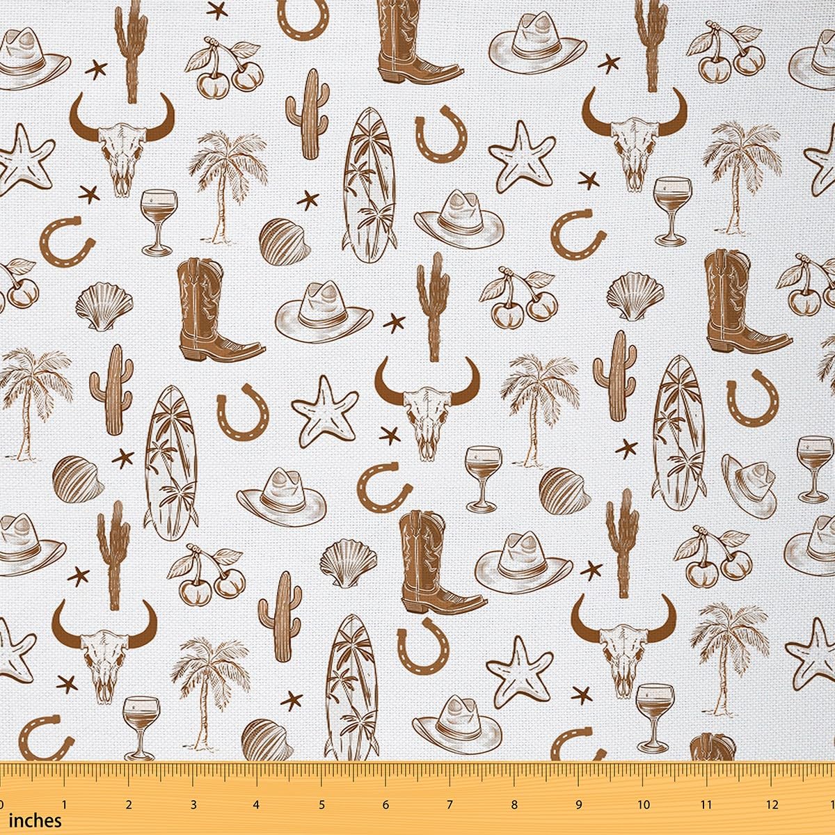 jejeloiu Cowboy Fabric by The Yard 2 Yards Kids Western Brown Upholstery Fabric for Chairs Hat Boots Horseshoe Seashell for Home DIY Projects, Waterproof Indoor Outdoor Decor