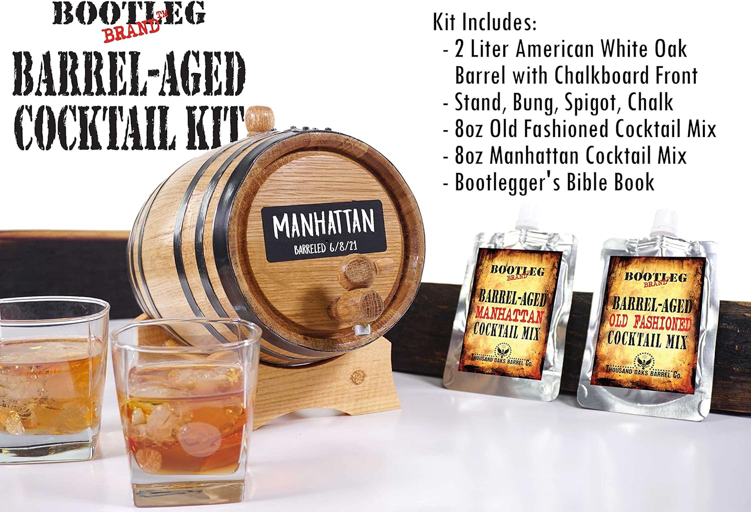 2 Liter Whiskey Barrel Cocktail Aging Kit - 2L Mini Bourbon Barrels Complete with Chalkboard Barrel Front, Stand, Bung, Oak Spigot, Chalk, Cocktail Mix & Bonus Book - Whiskey Making Gifts for Men