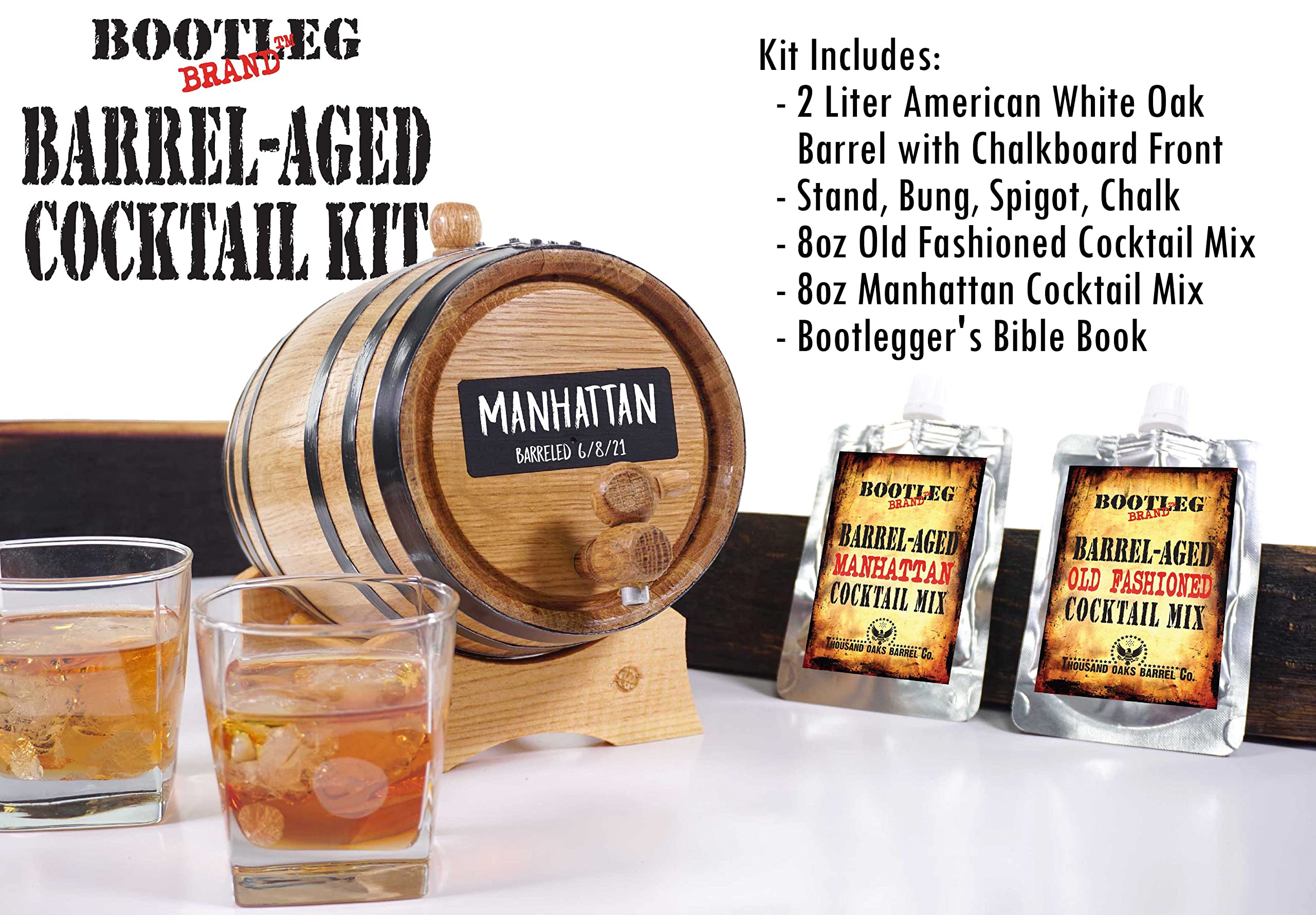 2 Liter Whiskey Barrel Cocktail Aging Kit - 2L Mini Bourbon Barrels Complete with Chalkboard Barrel Front, Stand, Bung, Oak Spigot, Chalk, Cocktail Mix & Bonus Book - Whiskey Making Gifts for Men
