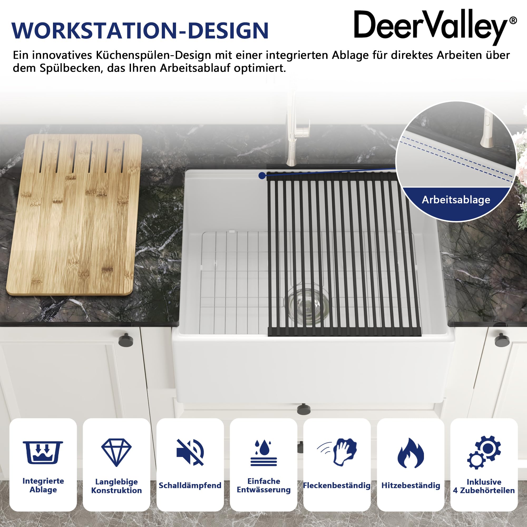 DeerValley Spülbecken 61 cm – Umkehrbares Apron-Front Küchenspüle Einbauspüle, Einzelschale, Solides Feuerfestton, Glänzend Weiß, Für Küche (61x50,8x25,4 cm)