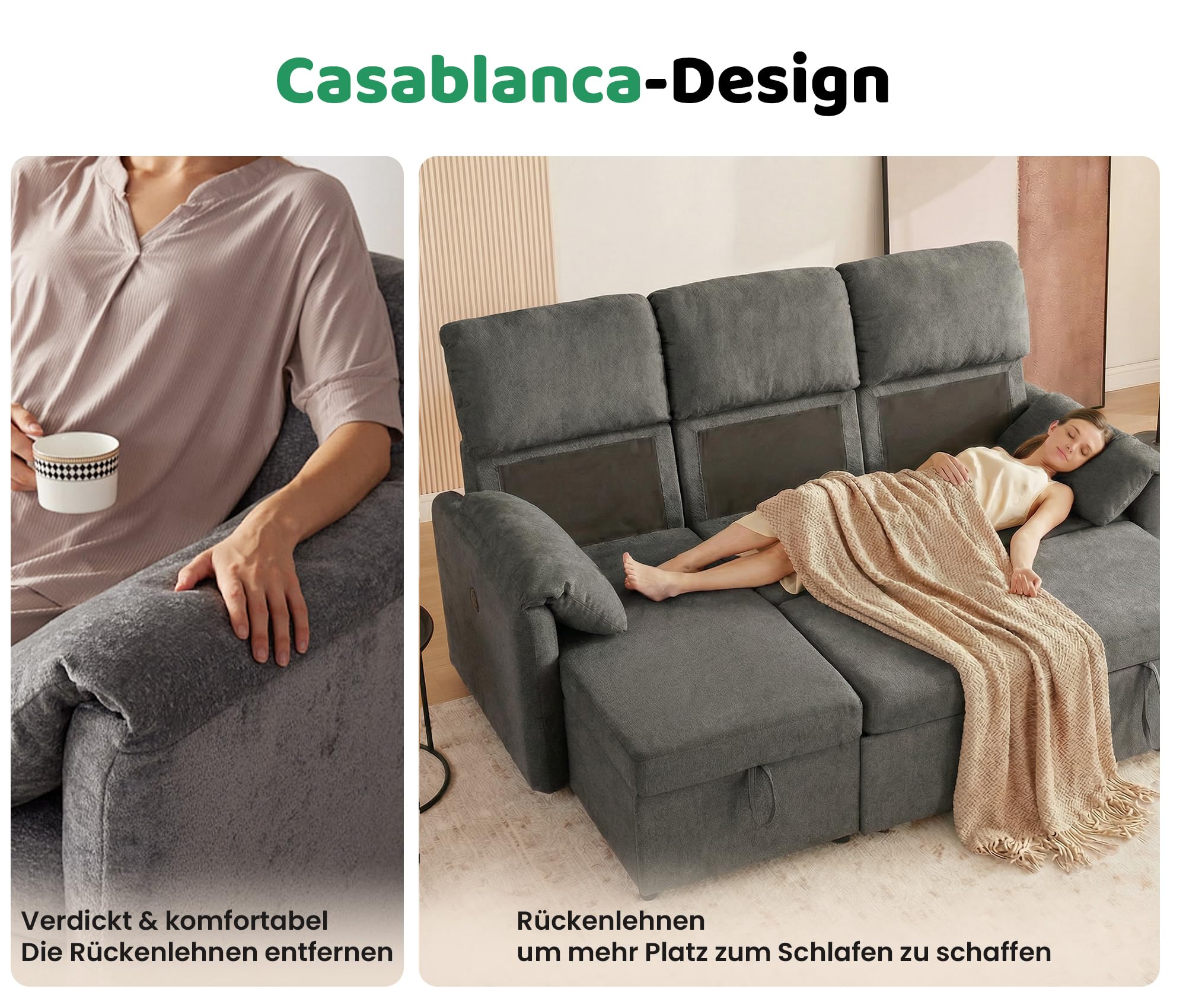 Kingfun 203cm 3-Sitzer Ecksofa mit Schlaffunktion & Bettkasten, Ausziehbares L-Form Schlafsofa mit USB & Stauraum, Kleines Sofa Bett für Wohnung und Wohnzimmer