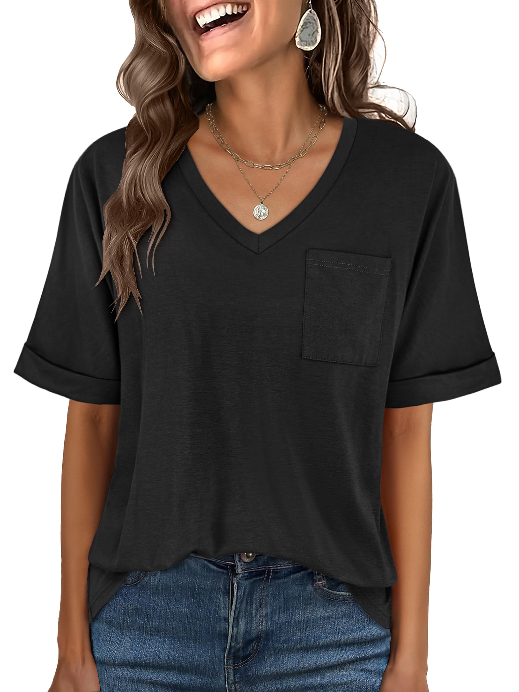 ANRABESS Women T Shirts Oversized Short Sleeve V Neck 2025 Summer Casual Loose Tops Basic Tee Shirts Outfits with Pocket