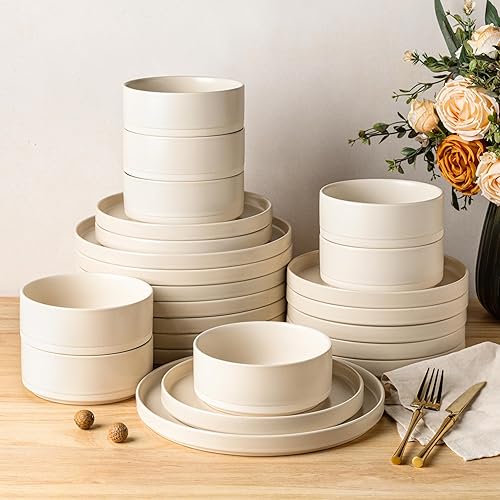 Miniatura 31 de TheTerra Juego de vajilla de cerámica para 4, juego de 12 platos y cuencos ligeros de porcelana, resistente a los arañazos, apto para horno, Neblina