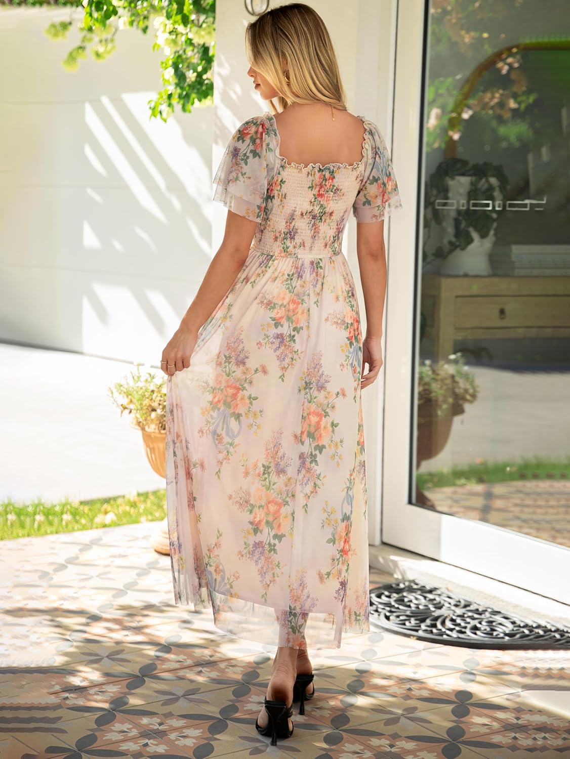 Simplee Womens Floral Maxi Dresses 2026 Spring Square Neck Mesh Short Sleeve Smocked Boho Flowy Wedding Guest Dress - Image 3