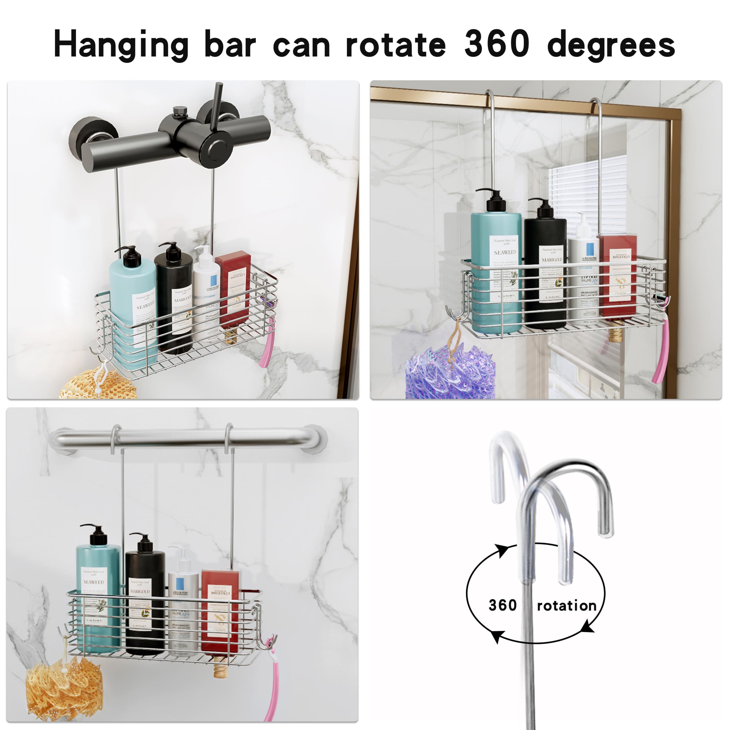 YQh Hängendes Duschregal, Badezimmer-Regal, Shampoo-Halterung, der Haken auf der Rückseite kann gedreht werden und kann an den Wasserhahn oder die Querstange gehängt werden, 304 Edelstahl, rostfrei