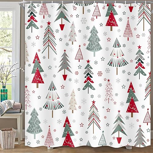 Miniatura 3 de Cortina de ducha de árbol de Navidad, bonito juego de cortina de ducha con ganchos, cortina de ducha de bosque de invierno para decoración de baño,