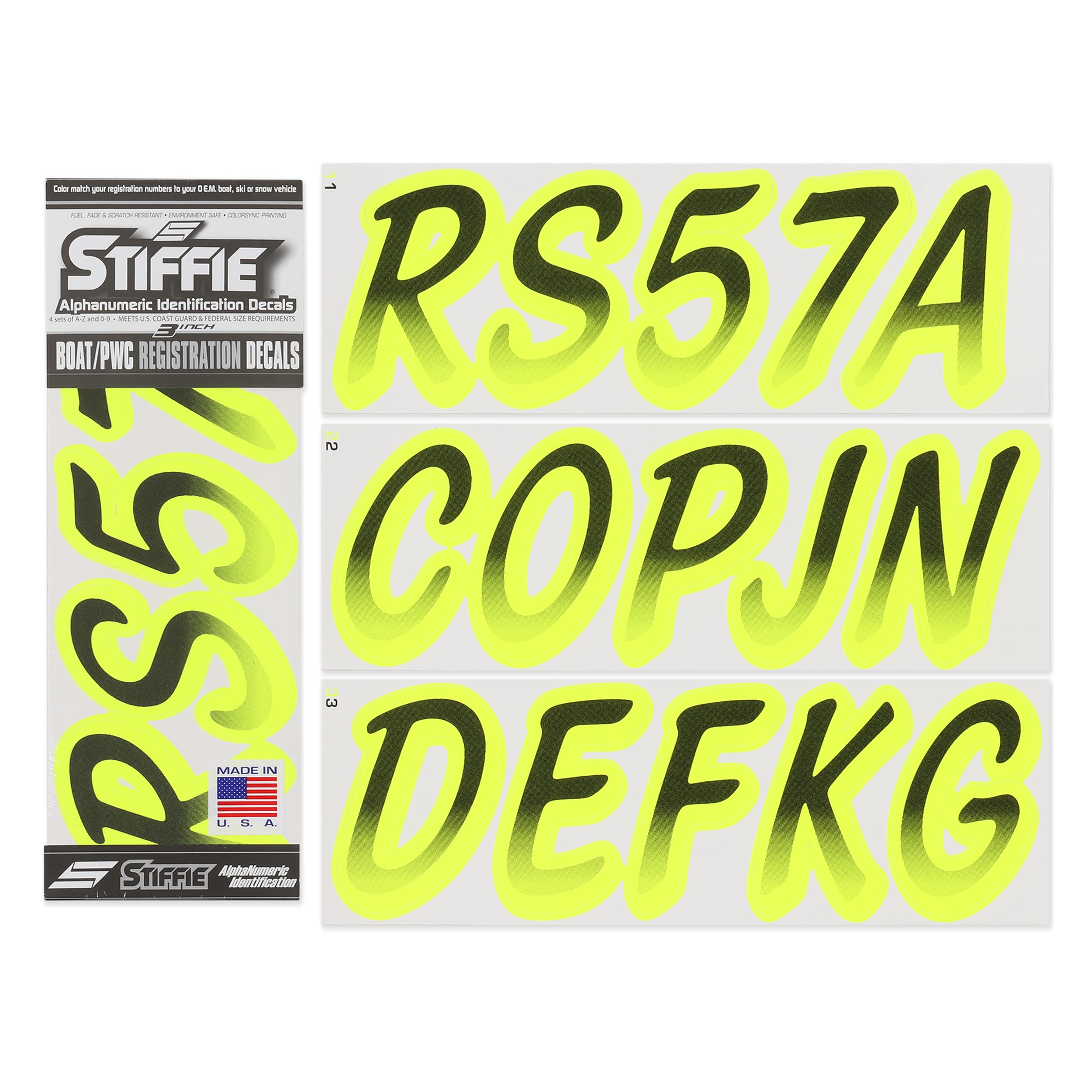 STIFFIE Whipline Black/Day Glow Yellow 3" Boat &amp; PWC Registration Decals • Numbers Letters Stickers