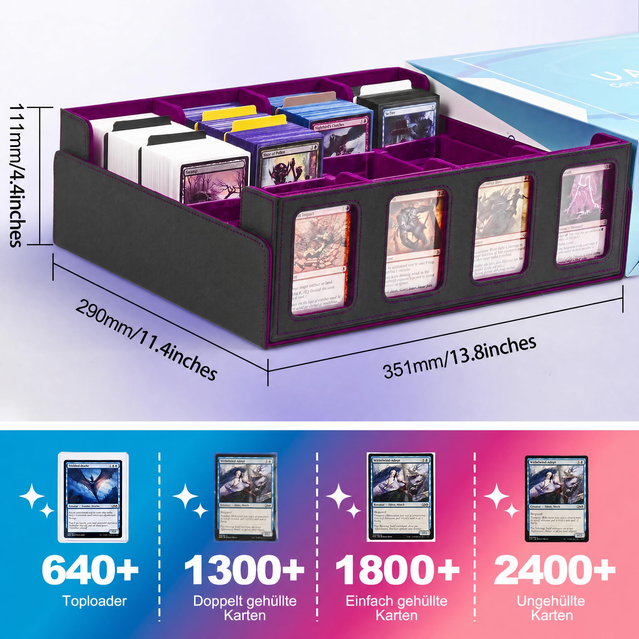 UAONO Trading Card Storage Box für Commander Display, 2400+ MTG Deck Box mit 4 Top Loaders, TCG Card Case passend für Magic PTCG Sports Cards（Schwarz&Lila）