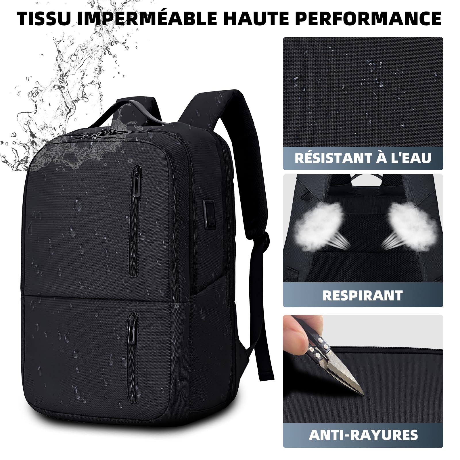 Sac à dos pour Ordinateur Portable 17,3 Pouces, sac à dos de Voyage Professionnel Imperméable avec port de Recharge USB, sac à dos Compact pour Homme et Femme, sac léger pour le Travail et les études