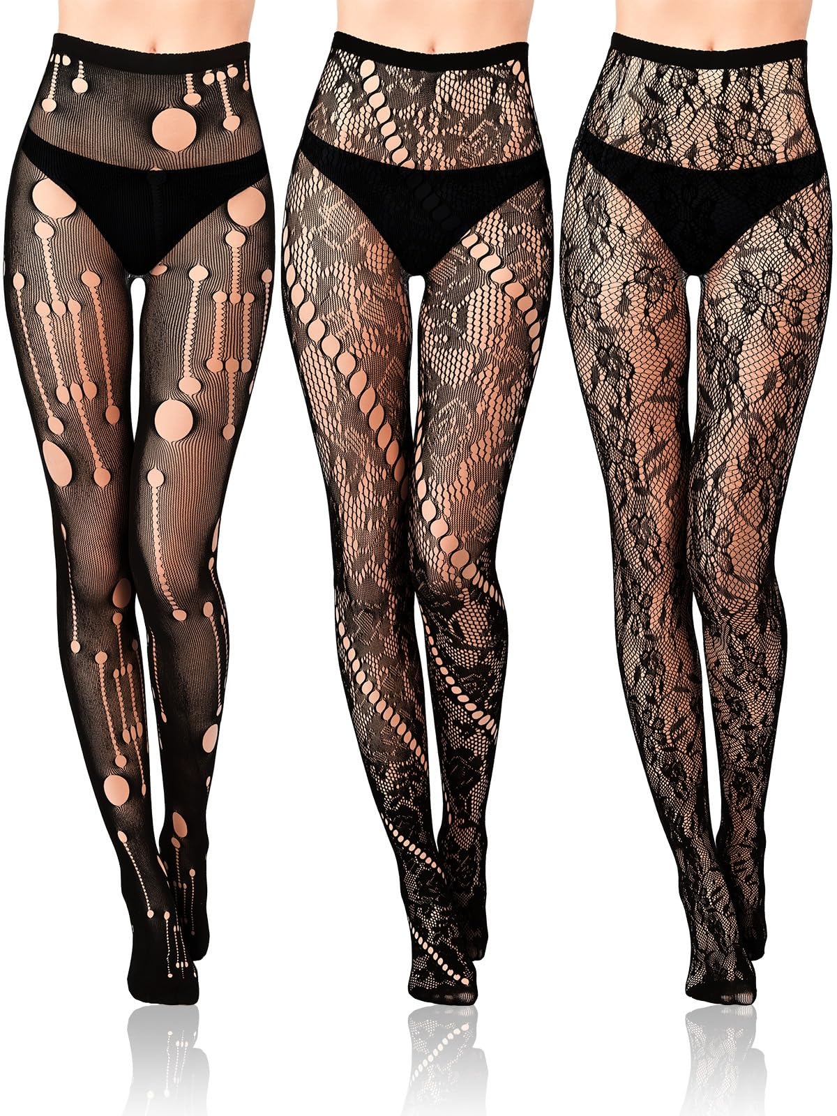 3 Pairs Floral Tight Legging Lace Patterned Fishnet Tights Small Hole High Pantyhose Waist for Halloween: Black Flower