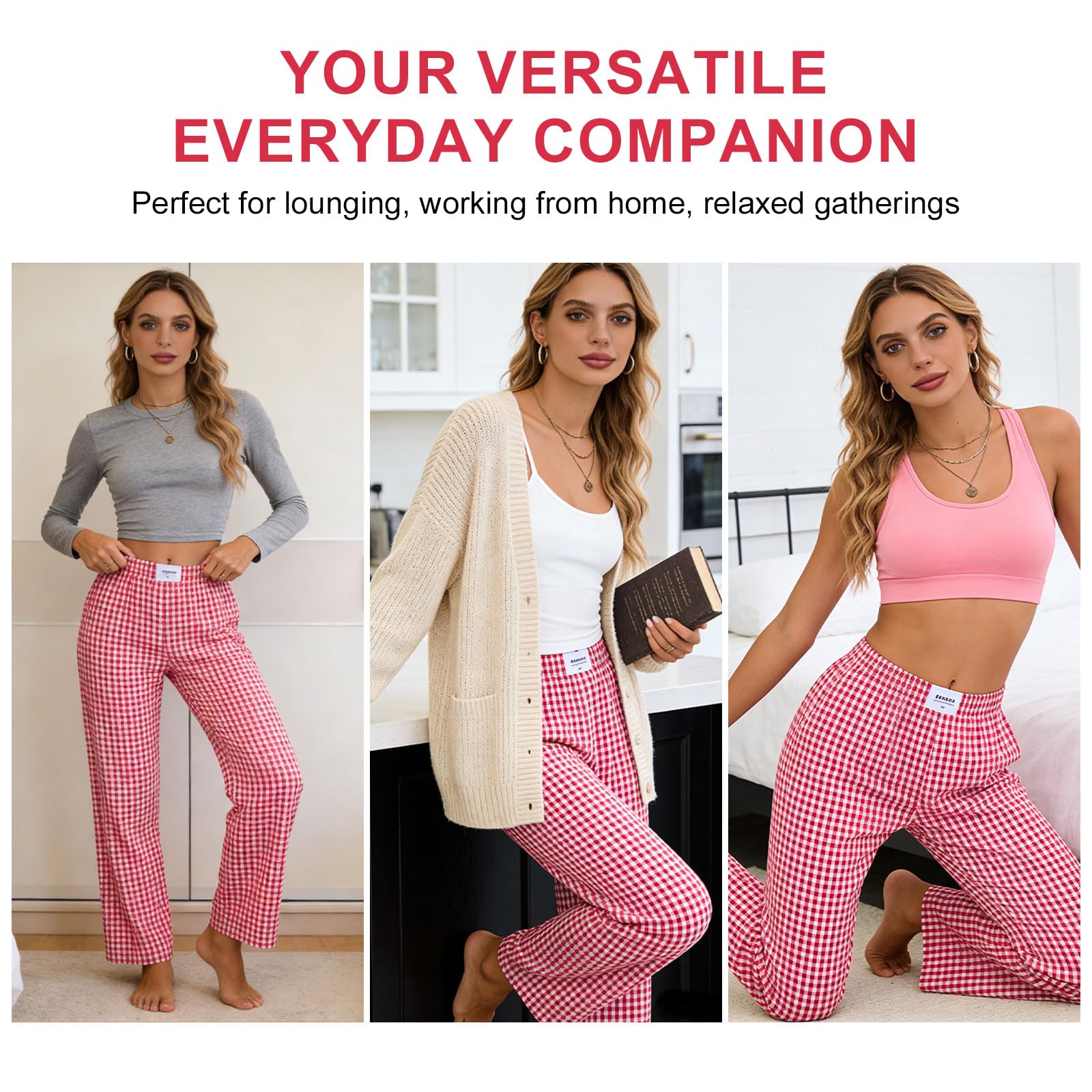 Pantaloni lunghi da donna in 100% cotone – Pantaloni da pigiama a quadretti con morbido elastico in vita, ampie gambe e pratiche tasche | Pantaloni perfetti per serate di benessere