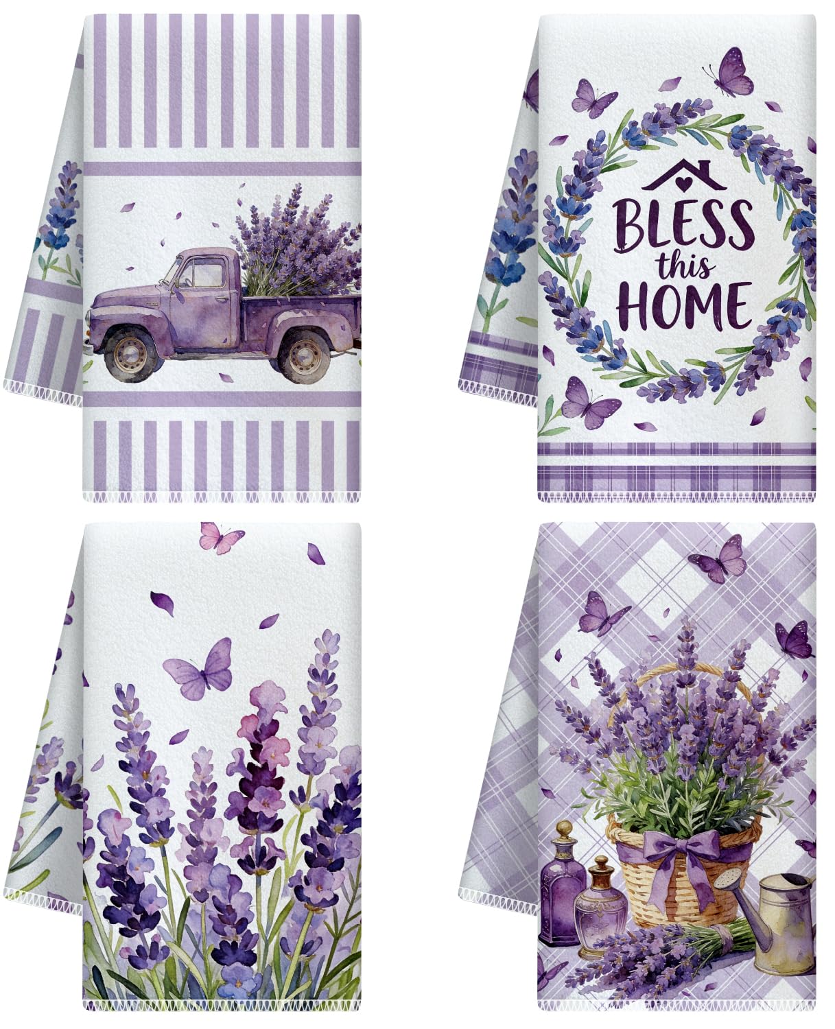 CUTHOLLOW 4Pcs Purple Lavender Kitchen Towels Cute Tea Towels