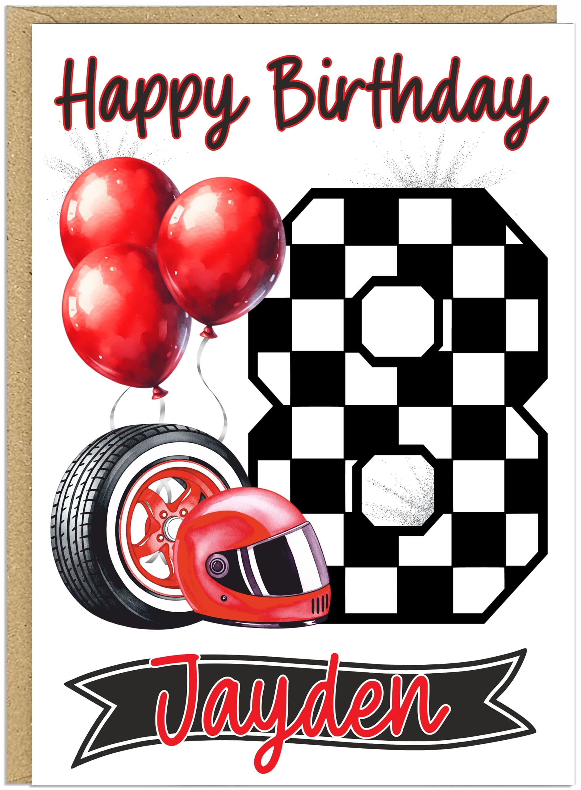 Chequered Flag Personalised Racing Birthday Cards for Boys - Custom Ages 4-9 & Own Customised Name - Happy Birthday Checkered Number Design A5 Cards (Age 8)