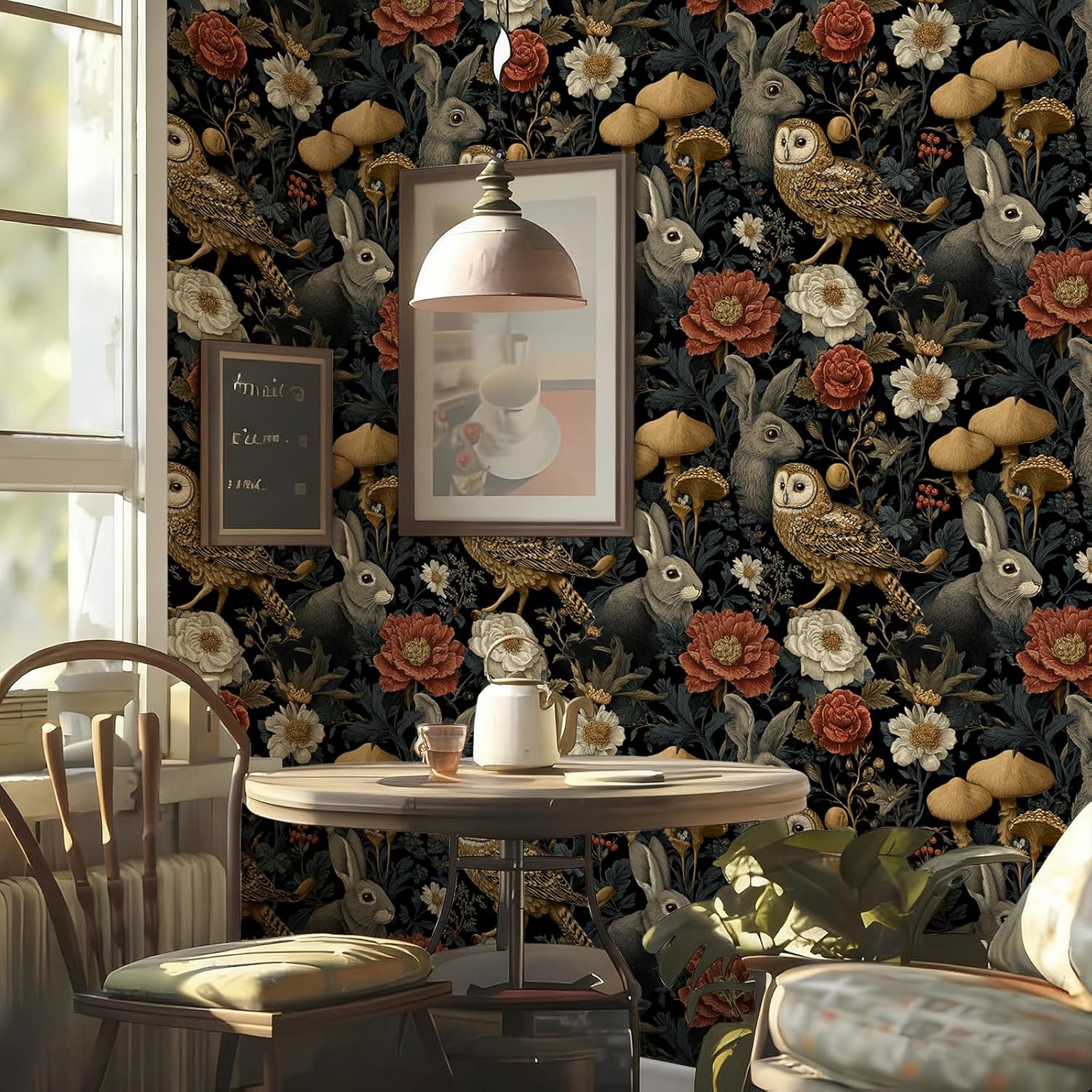 Vintage Animal Botanical Wallpaper Self Adhesive Peel and Stick 17.72" x 118.1'' Owl Rabbit Flower Mushroomn Dark Forest Accent Removable Waterproof Renter Friendly for Bedroom Reading NOO