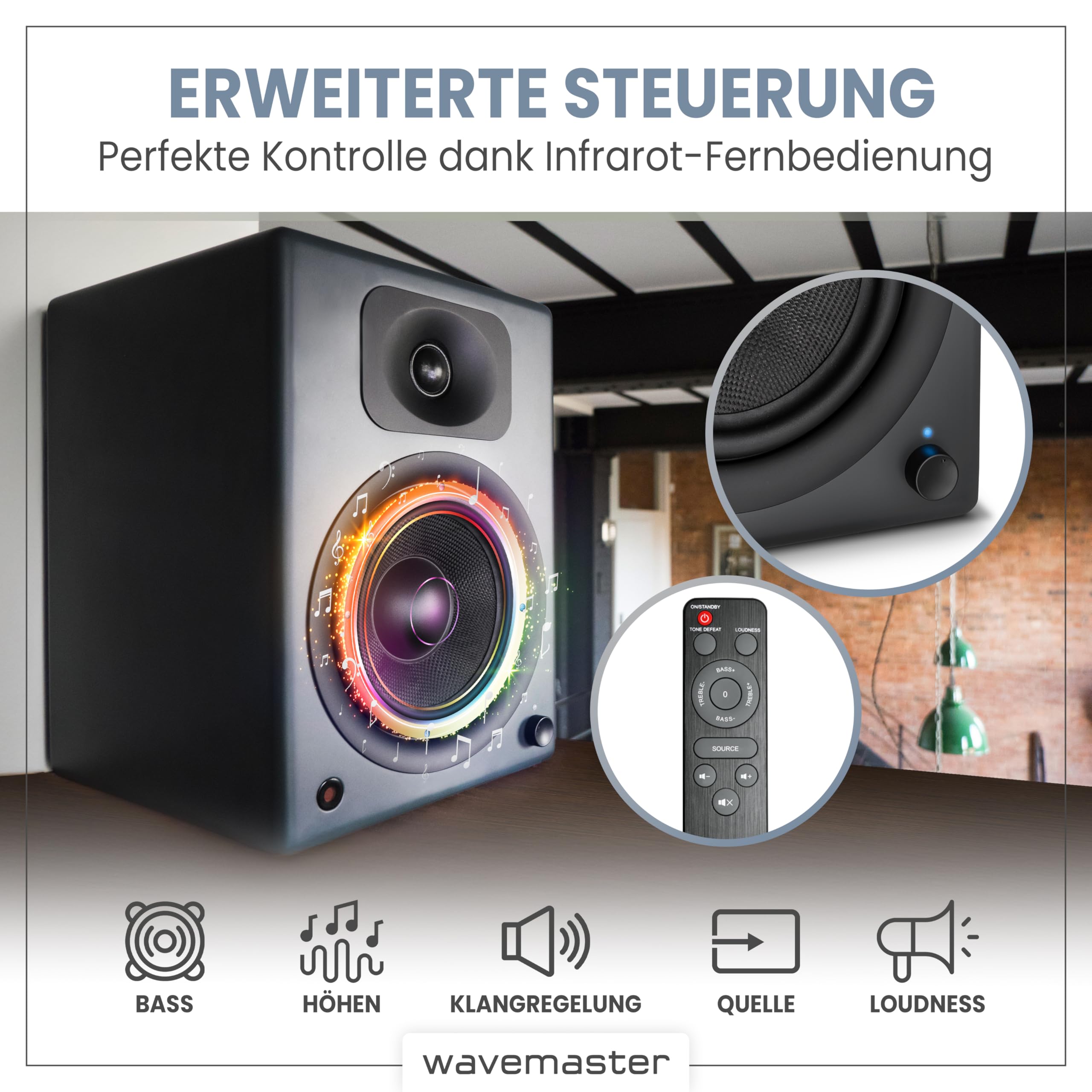 Wavemaster TWO PRO Stone Gray Aktiv-Boxen 110 Watt Bluetooth Lautsprecher-System mit IR-Fernbedienung