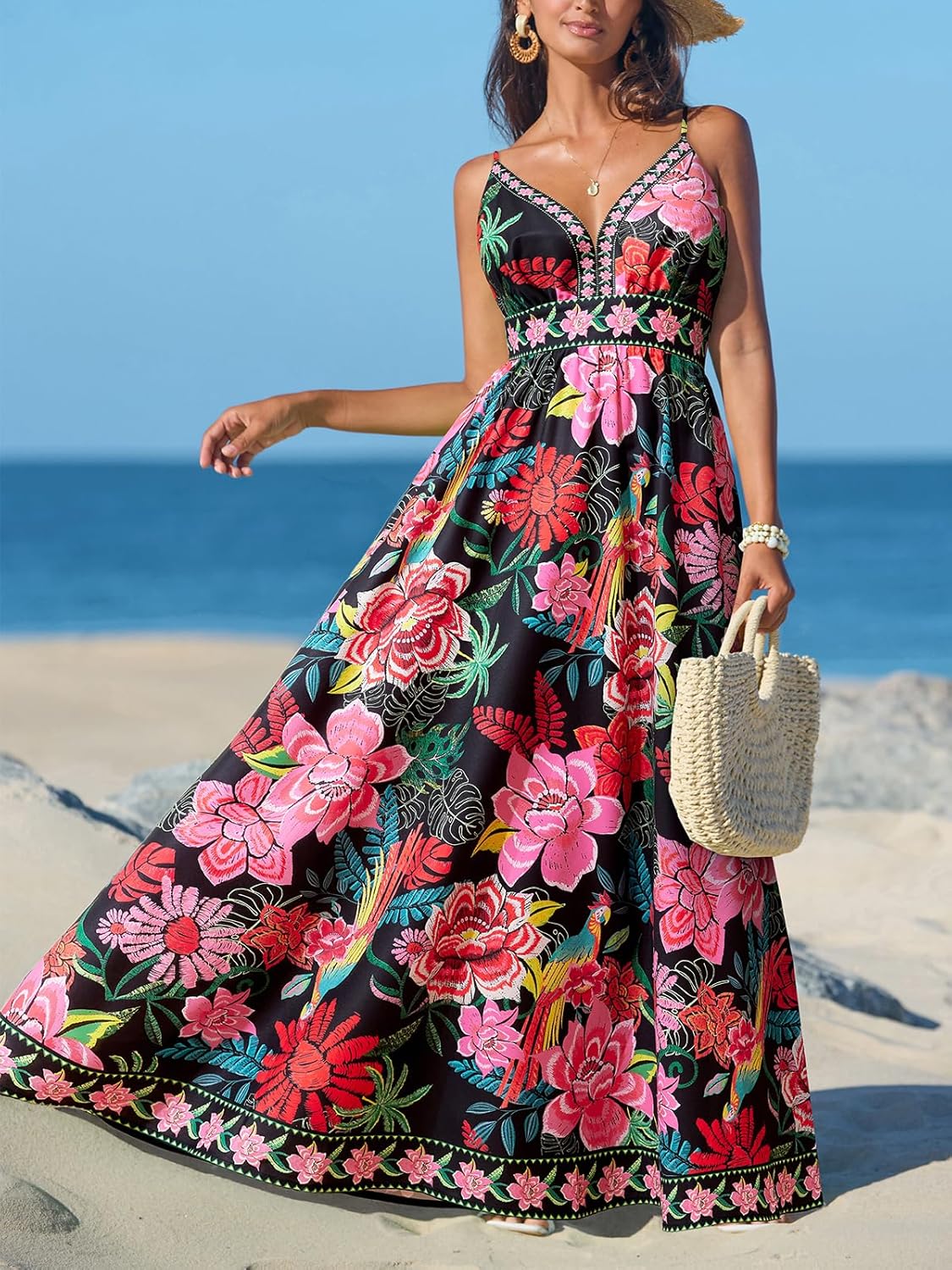CUPSHE Women's Summer Dresses Casual Spring V Neck Sleeveless Floral Beach Vacation Long Spaghetti Strap Flowy Maxi Dress - Image 5