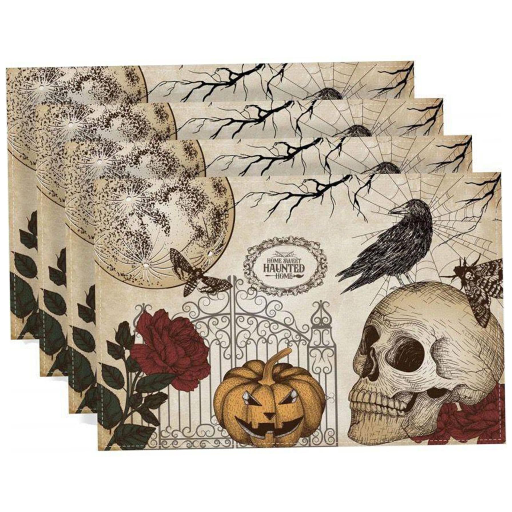 Ameble Halloween Placemats Set of 4 18x12in Spooky Creepy Halloween Placemats with Pattern Like Skull Pumpkin Crow & Rose Linen Table Mats for Dining