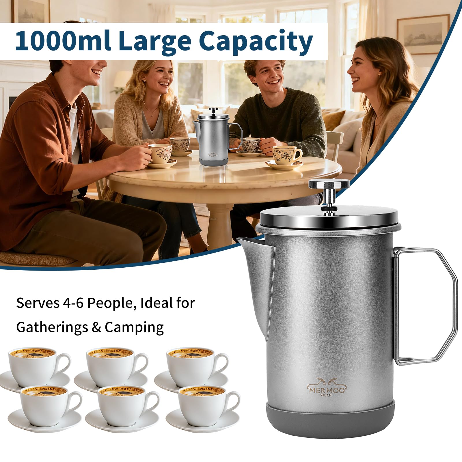 MERMOO YILAN French Press - Cafetera manual de 1000 ml para 4-6 tazas, mango plegable, prensa de café aislada portátil para camping, viajes, uso doméstico (plata)