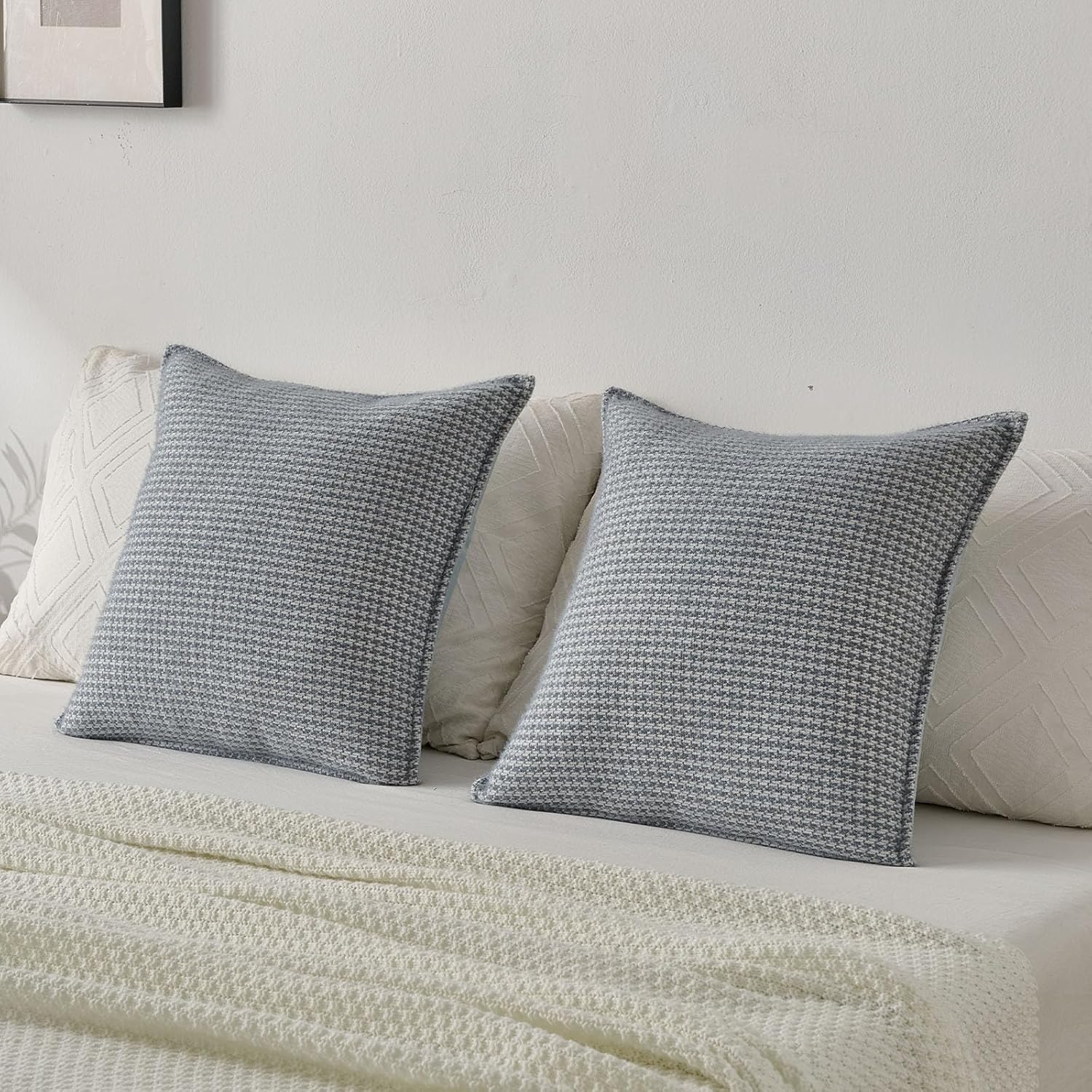 FUTEI Grey Blue Decorative Throw Pillow Covers 26x26 Inch Set of 2,Soft Houndstooth Gingham Textured Euro Pillow Sham,Modern Home Decor for Couch Bed Living Room