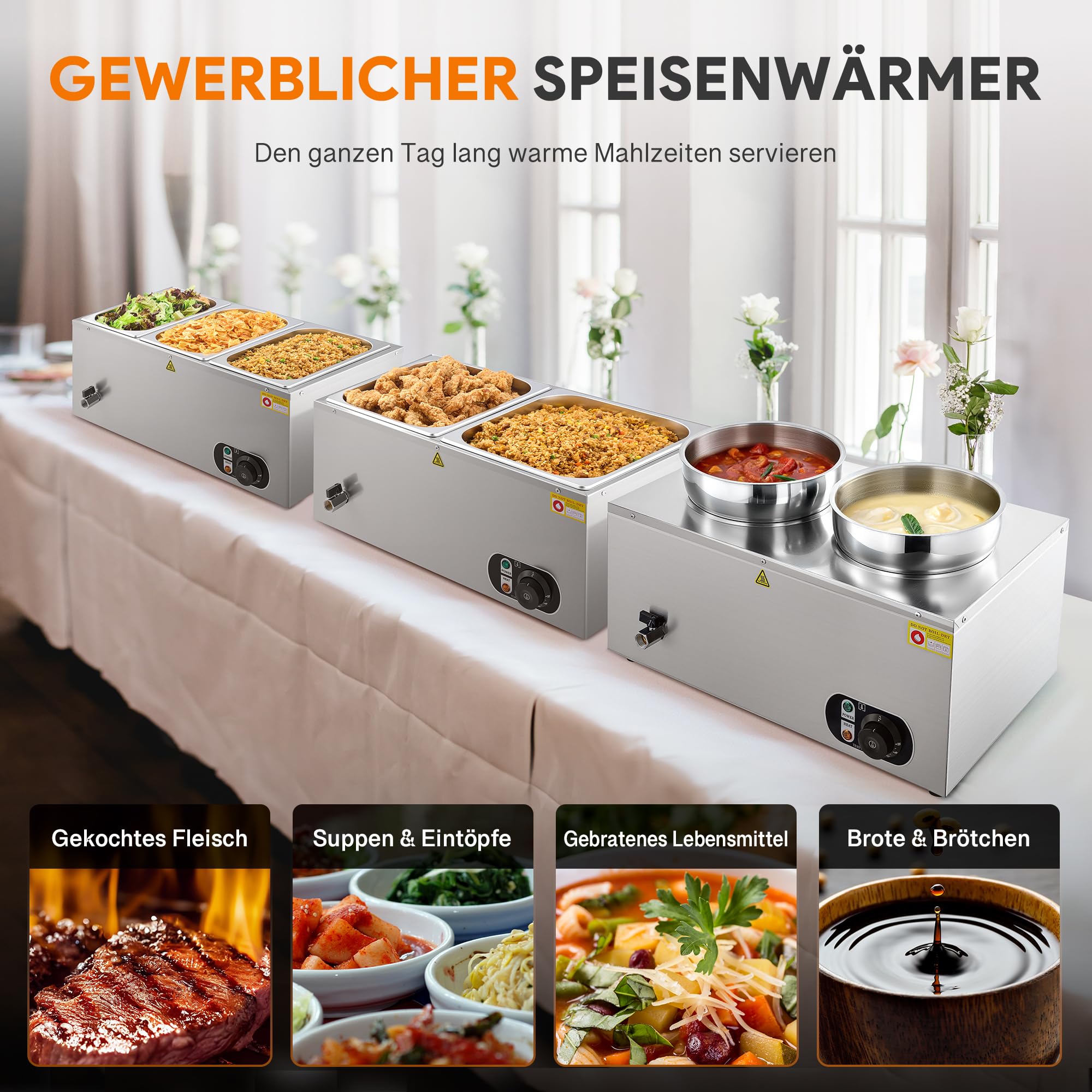 Wilprep Chafing Dish Elektrisch 14L (2 X 7L Rund) Profi Gastro Speisewärmer Buffetwärmer Elektrische Warmhaltebehälter Bain Marie mit Ablaufhahn & Deckel, 1500W 30-85°C Edelstahl für Buffets, Hotels