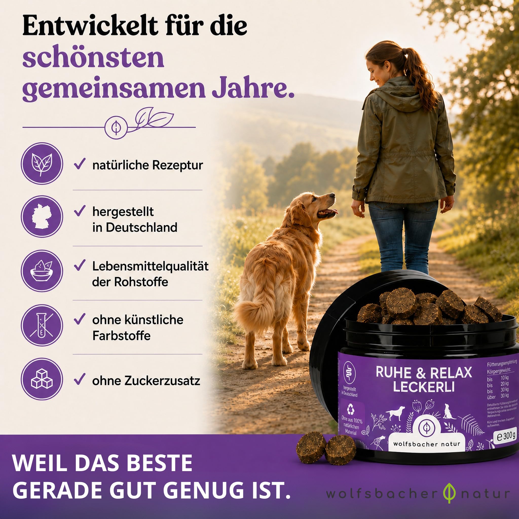 Beruhigungs-Snacks für Hunde – 125 Anti-Stress Leckerli zur Entspannung – Mit Baldrian, Johanniskraut & L-Tryptophan – Hilfe bei Angst, Silvester & Autofahrt – Innere Ruhe
