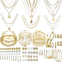 NEWITIN 69 Pieces Gold Jewelry Set for Women Fashion Costume Jewelry Gold Plated Necklace Bracelet Earrings Set for Women
