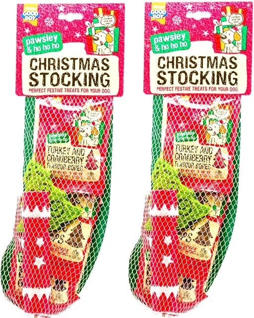 2 x Dog Stocking for Christmas - Dog Rope Toy Meat Swirls, chicken bites, beef bites, biscuit bones reindeer xmas toys and more Good Boy Dog Treats Christmas - Dog Xmas Presents  Pet Gifts
