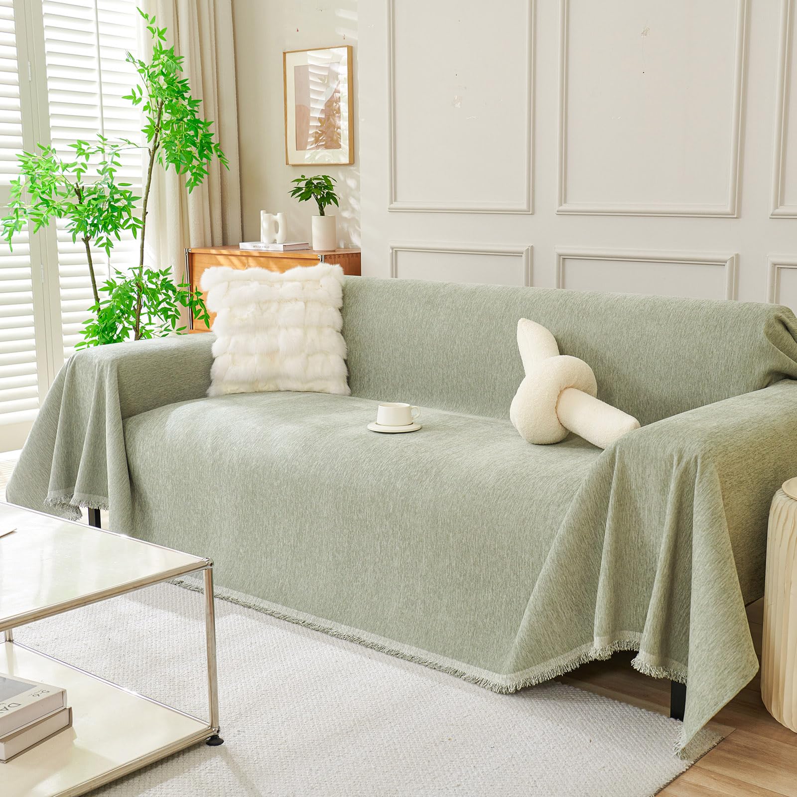 DREAMINGO Sofa Covers Washable Thick Chenille Couch Cover for 3 Cushion Couch Sofa Multi-Use Couch Cover Blanket Modern Pet Furniture Protector Sectional Couch Slipcover 71"x134", Sage Green — image 1