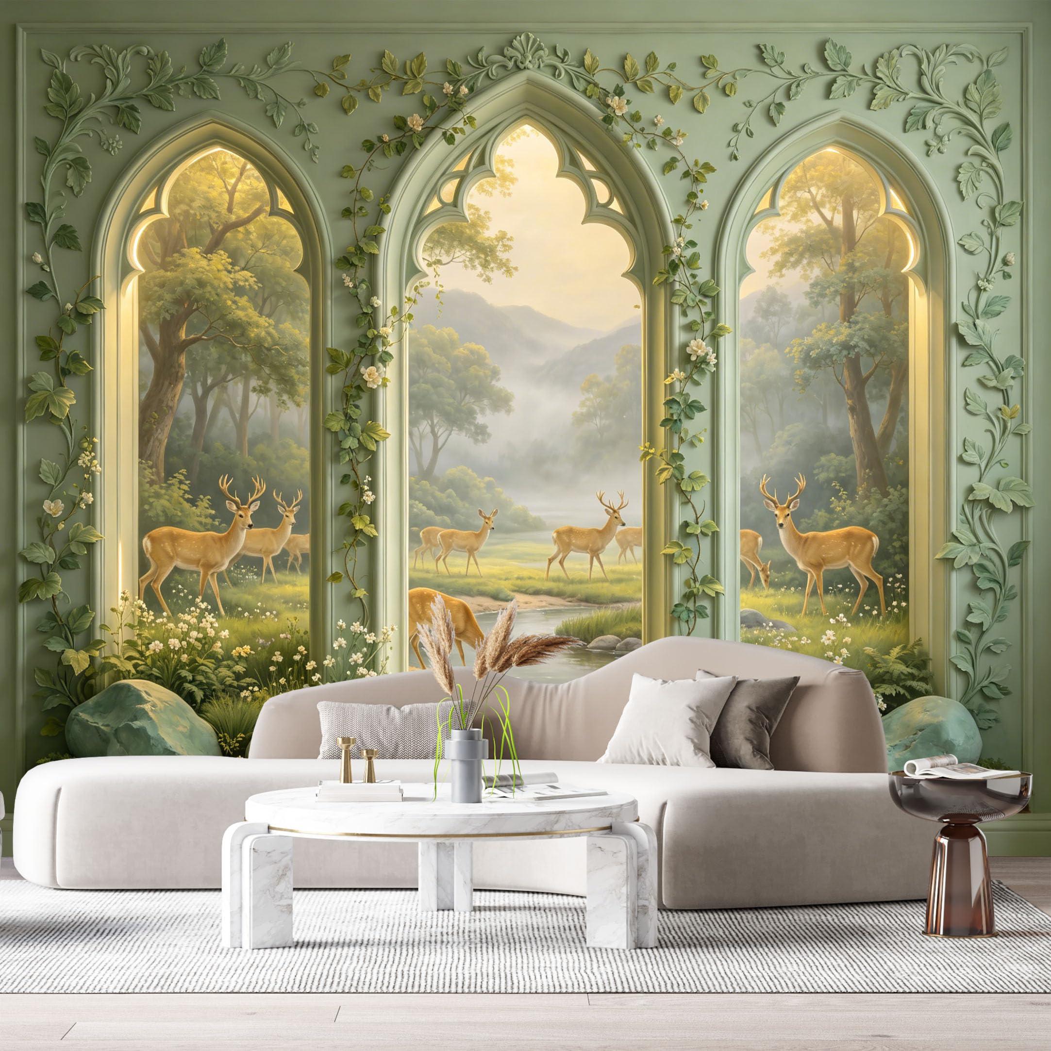 Custom Size Wall Murals Forest Deer Landscape Arch Window 3D Trompe L'Oeil SelfAdhesiveWall Fabric Removable Wallpaper Wall Decor for Living Room Bedroom Bathroom
