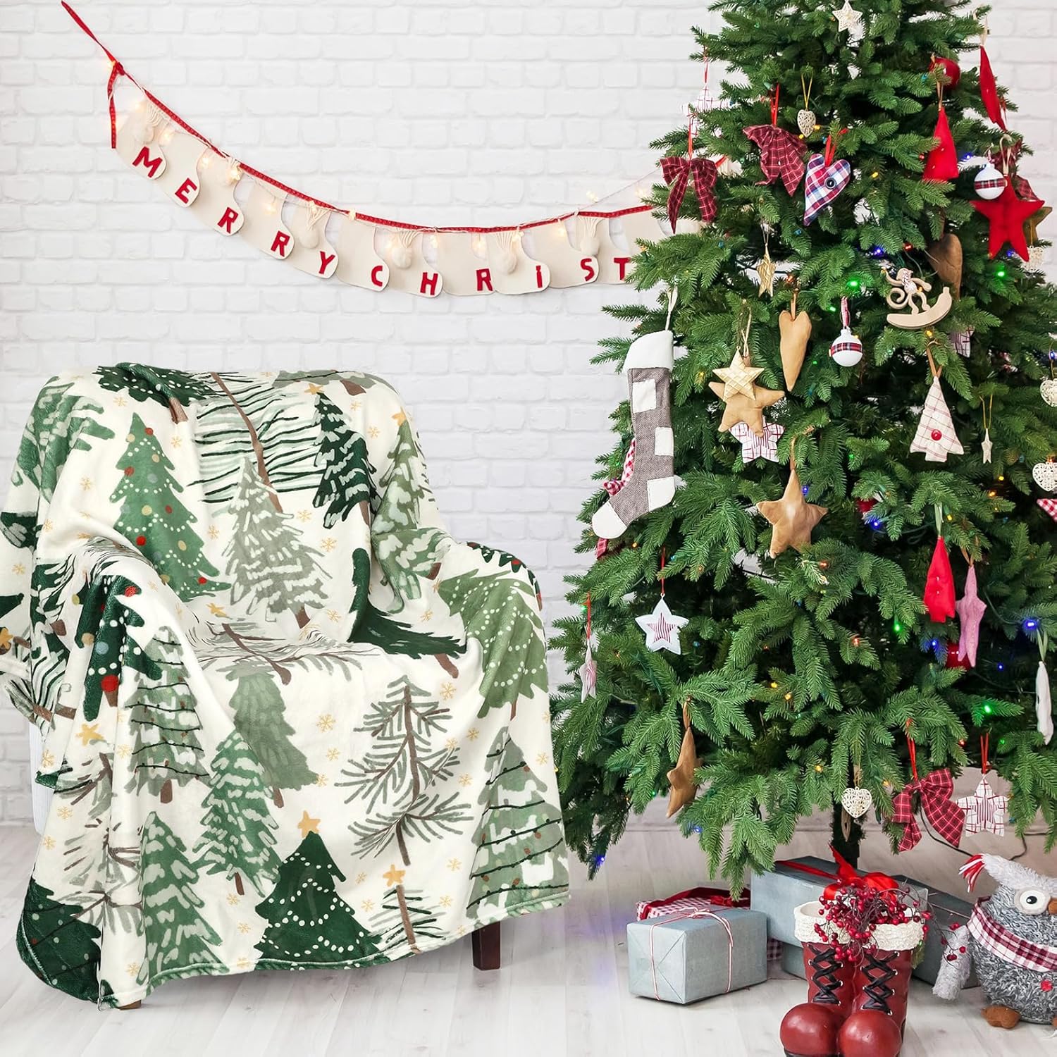 JarThenaAMCS Christmas Tree Fuzzy Blanket 60 x 50 Inch Watercolor Green Forest Soft Throw Blanket for Winter Home Chair Sofa Couch Bed - Image 5