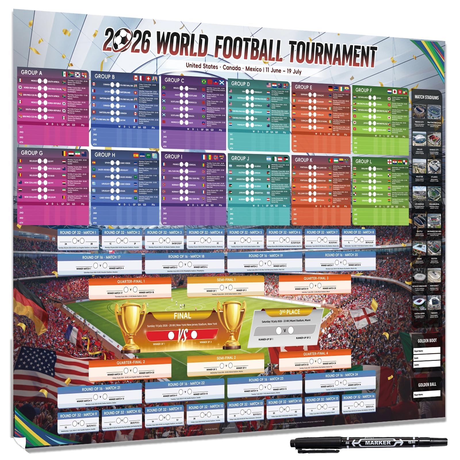 AhfuLife Poster Calendario de la Copa del Mundo de Fútbol 2026, Poster Calendario Copa Mundial Grande 100x70cm, Impermeable Borrable, Incluye Equipos Participantes e Info de Partidos - 1