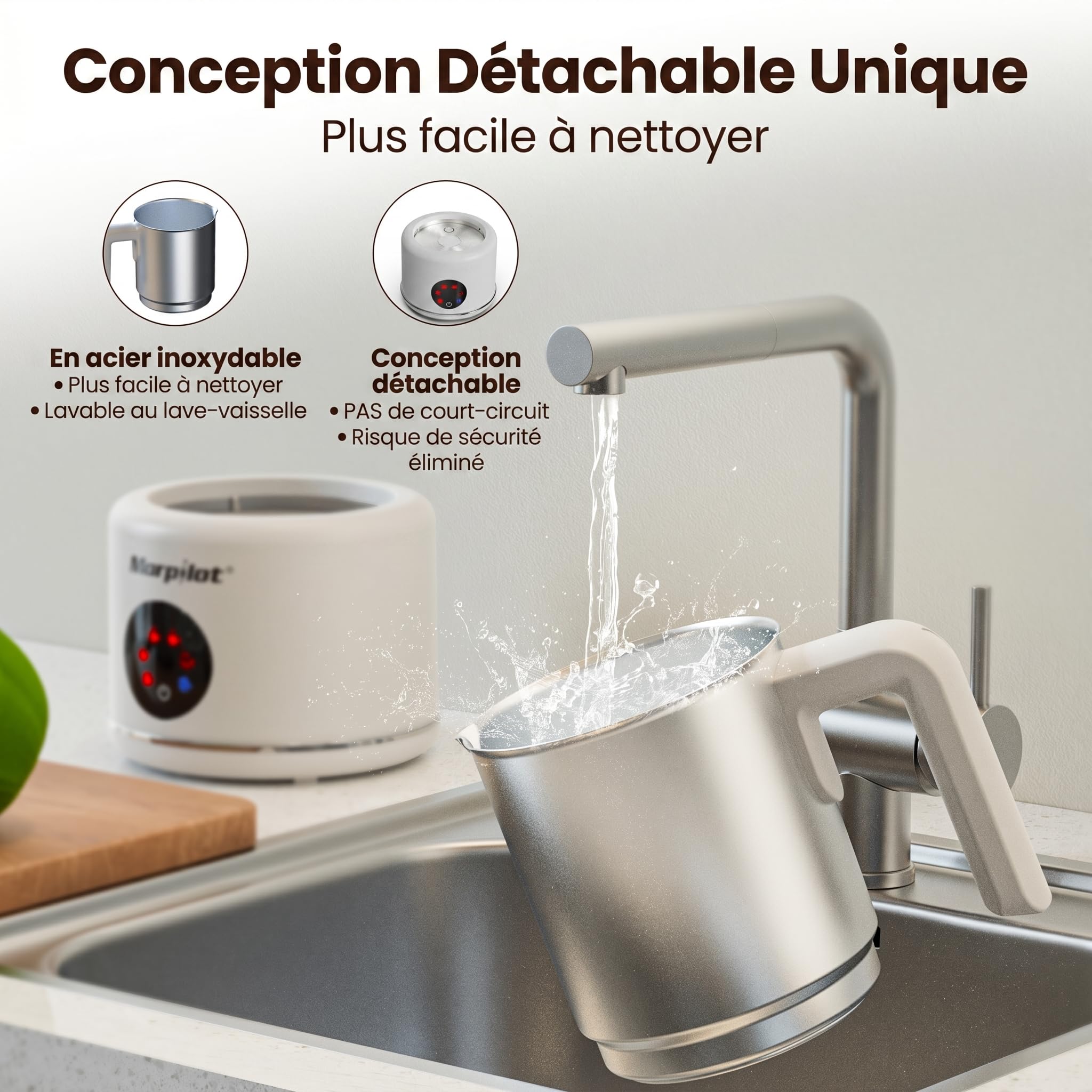 Morpilot Mousseur à Lait Électrique 6 en 1, 500ml 600W à Mousse Chaude Froide, Cacao, Lave-vaisselle Emulsionneur de Lait Divisé en Acier Inoxydable pour Cappuccino Macchiato Latte