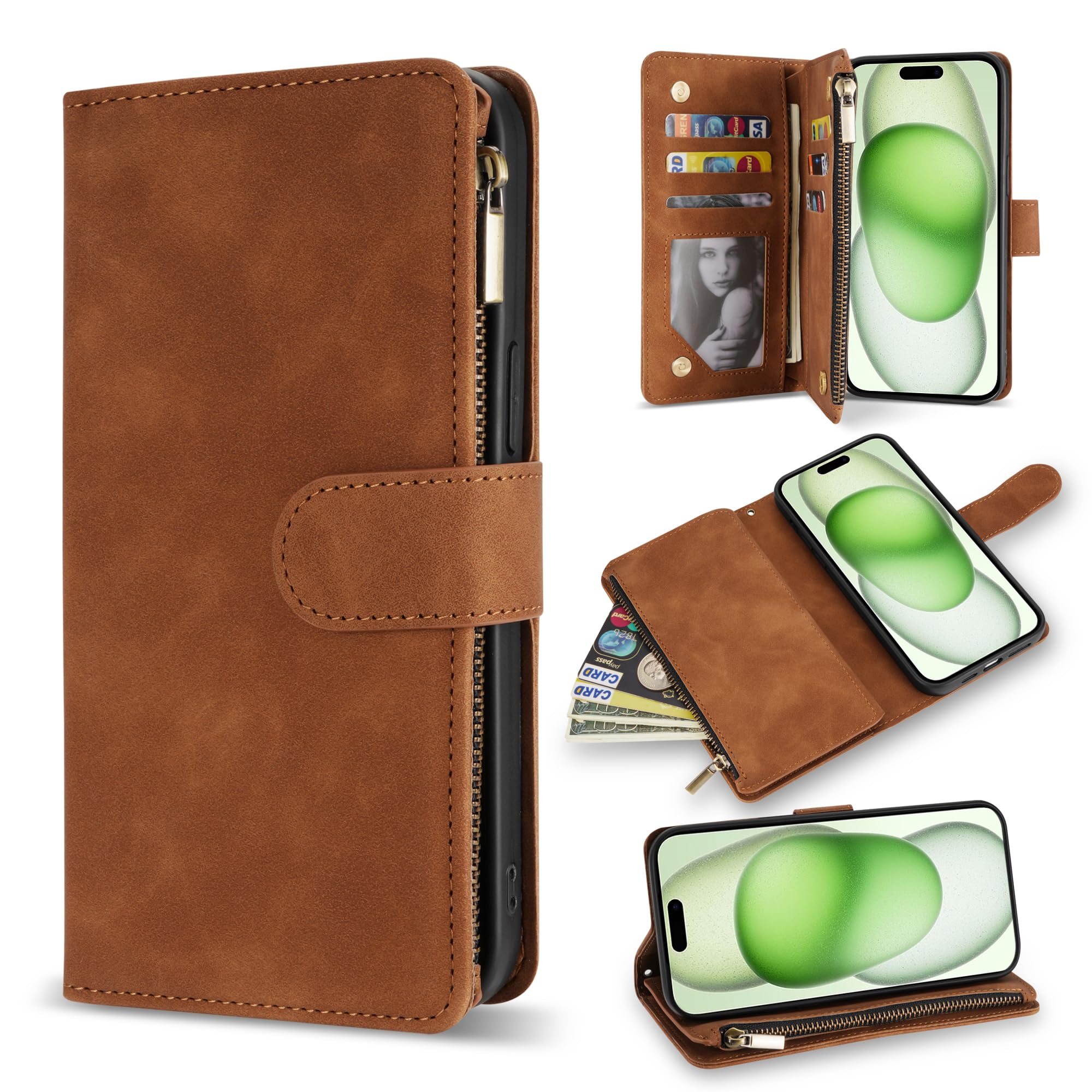 ZZXX for iPhone 15 Plus Case Wallet with [RFID Blocking] Card Slot Premium Soft PU Leather Zipper Folio Flip with Wrist Strap Protective Phone Cover