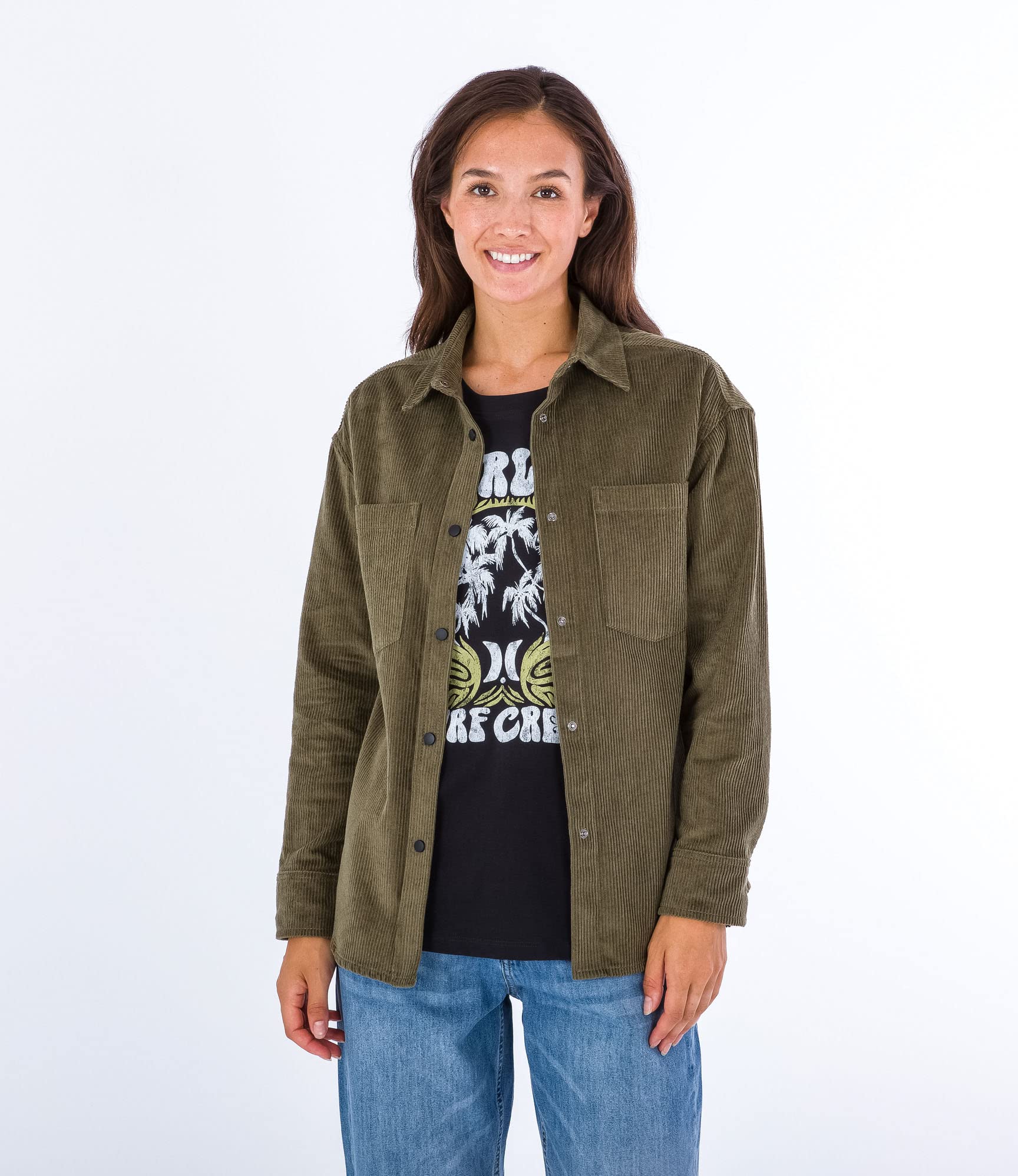 Hurley Women's W Oceancare Corduroy Overshirt Shirt, Olive Night, S