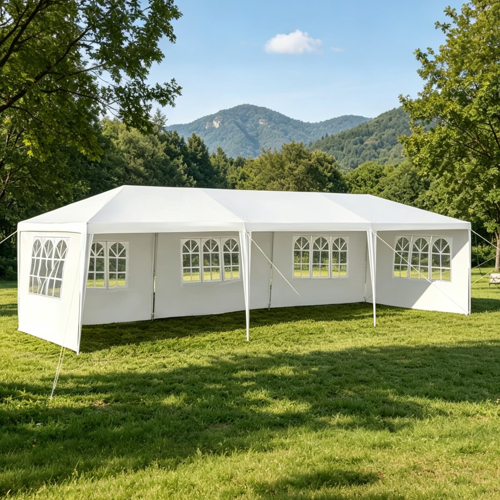 KOMFOTTEU Carpa Plegable 3 x 9 m, Cenador de Jardín con 5 Paredes Laterales Extraíbles y Ventanas, Carpa para Fiesta con Protección UV, Tienda Portátil para Eventos, Bodas, Blanco (3 x 9 m, 5 Paredes)