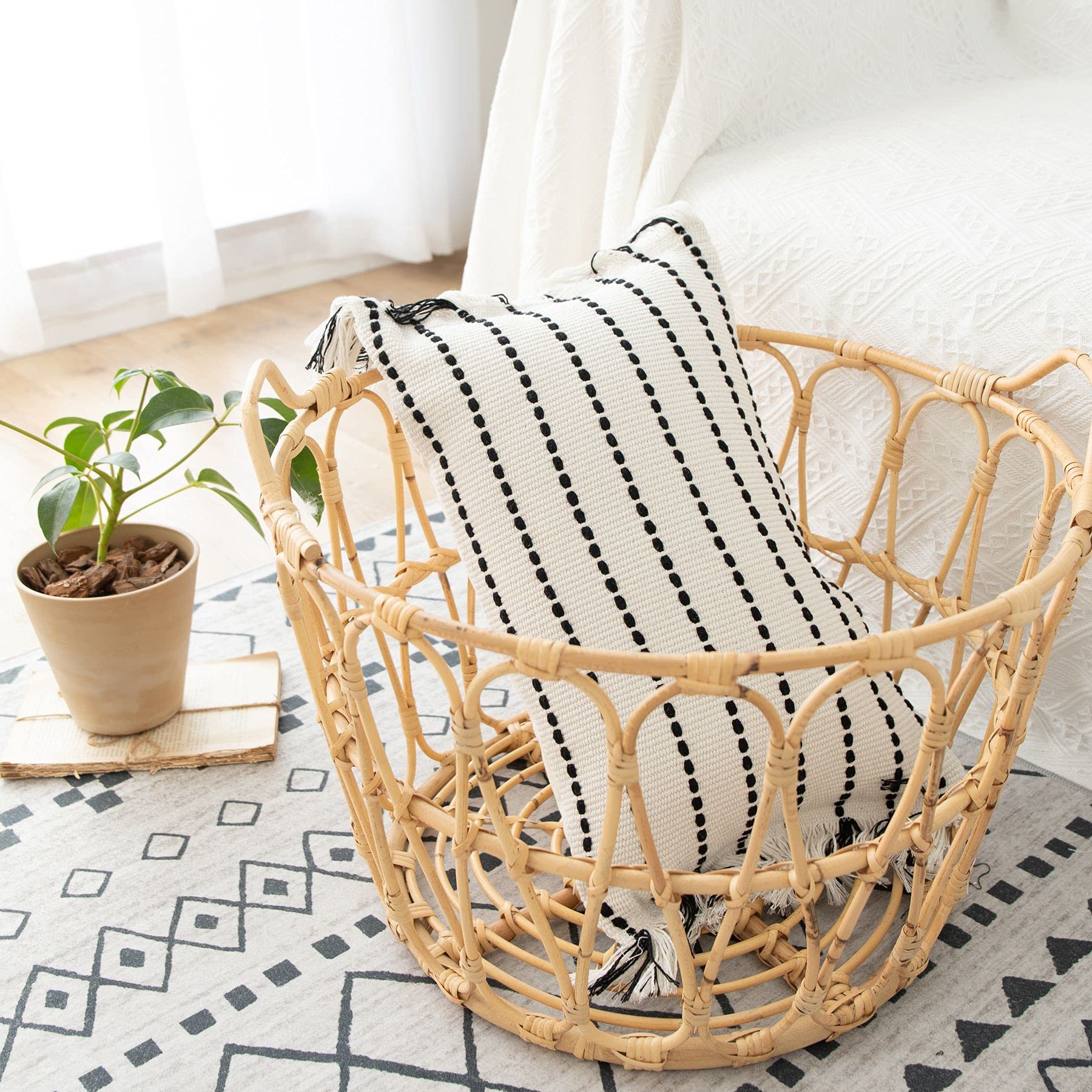 Federa Per Cuscino Bohémien Con Nappe 45x45 Cm - Righe Gialle E Bianche In Cotone, Solo Fodera, Per Divano E Letto - 2