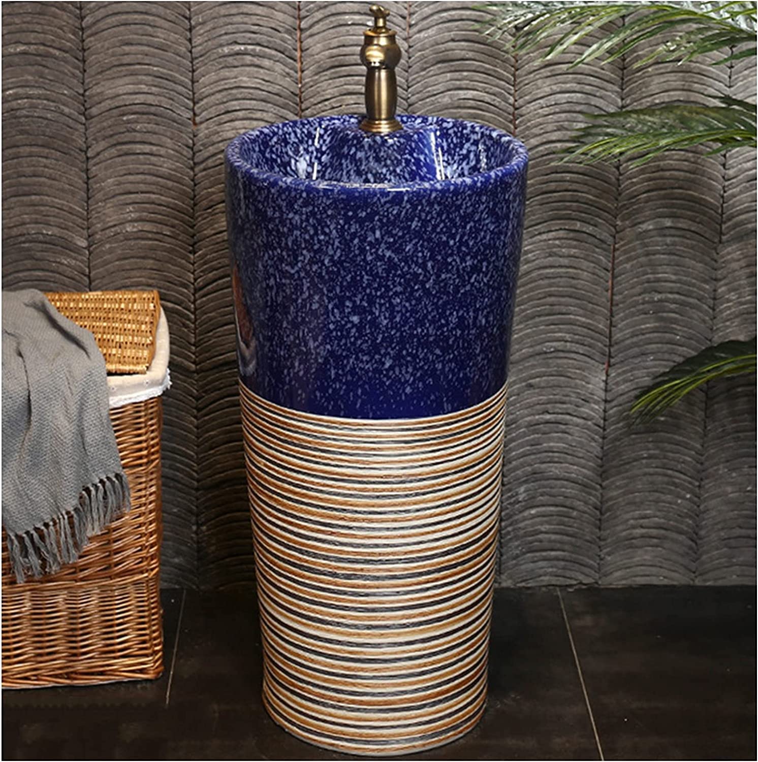 WDSOPK Freestanding Pedestal Sink Hotel Art Basin, Oval Bathroom Basin Sink, Ceramic and Lavatory for Indoor Outdoor (U)