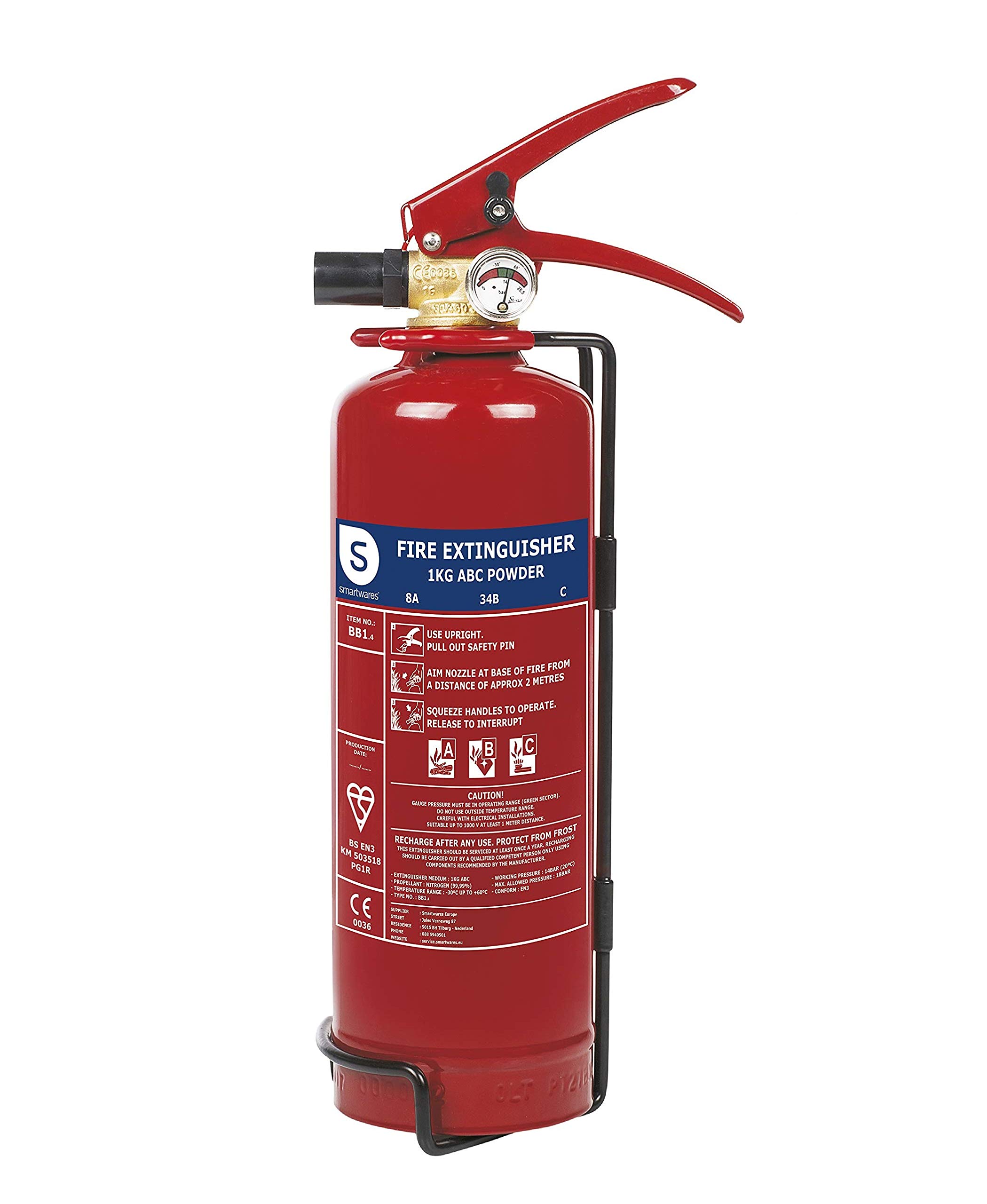 Smartwares Fex-15113 Dry Powder Fire Extinguisher Abc With Mounting Bracket, Bsi Certified 1Kg