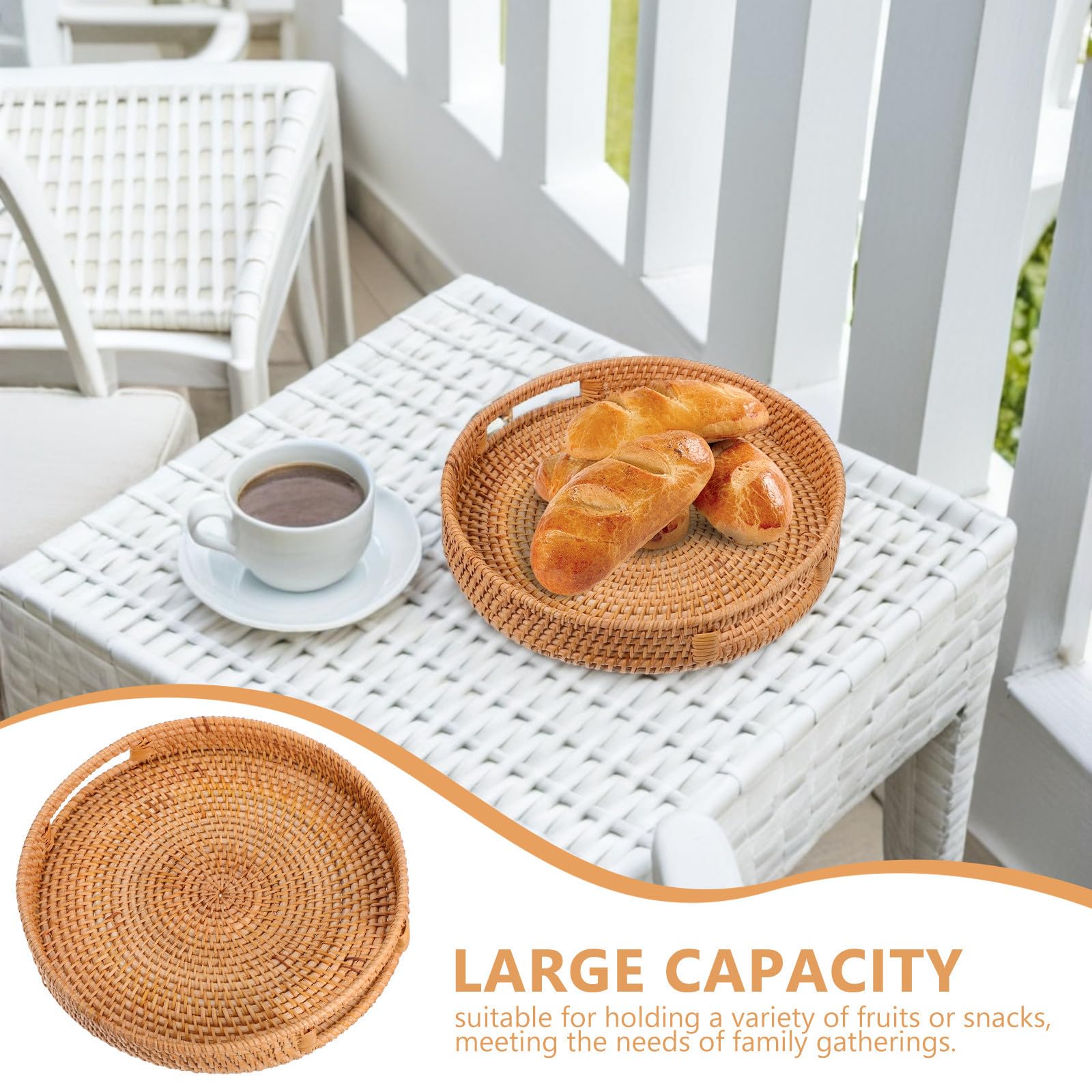 Bandeja de Servir Tejida de Ratán Redonda de 35cm con Asa Hueca, Cesta Funcional para Aperitivos y Frutas en Ambientes Rústicos y Modernos