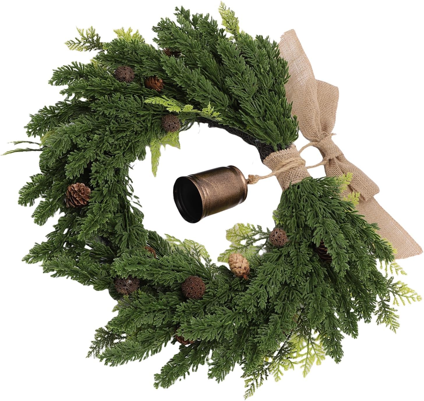 19.7 Cedar Wreath for Front Door Window Porch, Artificial Xmas Wreath with Rustic Cow Bell and Linen Ribbon, Outdoor Indoor Home Farmhouse Wall Decor Winter Christmas