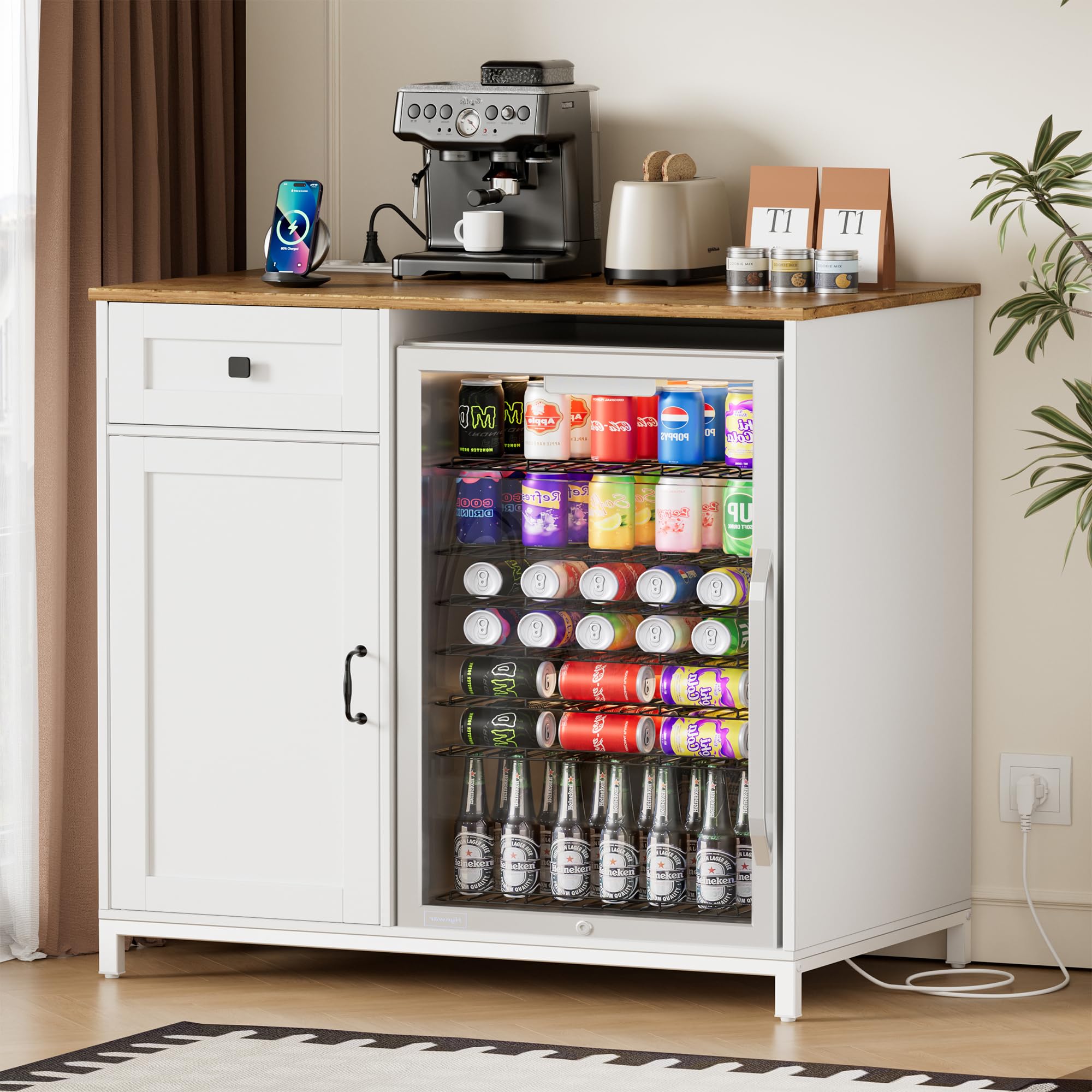 Credenza Cucina,Mobile Cucina con Presa di Corrente Porta USB,Mobiletto Portaoggetti per Mini Frigo,Buffet Moderno,Credenza Soggiorno con Cassetti e Armadi,Adatto per Hotel,Casa,Ufficio, 95x53.6x99cm