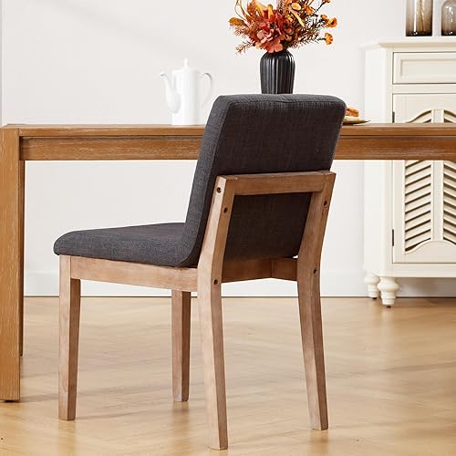 Miniatura 5 de Juego de 2 sillas de comedor tapizadas de mediados de siglo, sillas de comedor sin brazos de lino gris oscuro con patas de madera, cómoda y moderna