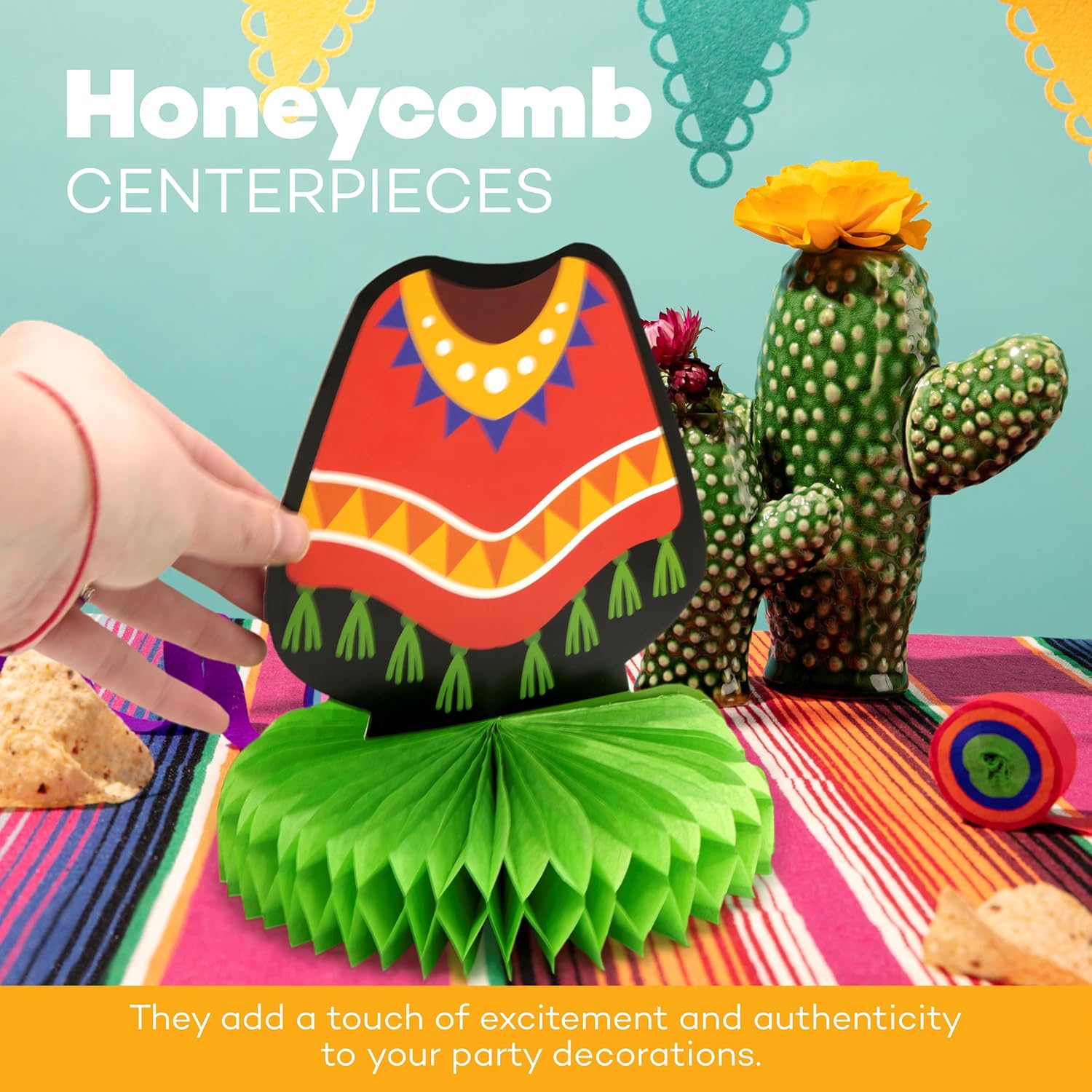 4E's Novelty Cinco De Mayo Honeycomb Centerpieces - Pack of 5 - Fiesta Paper Honeycomb Table Centerpiece - for Kids Birthday Taco Tuesday Table Mexican Party Decorations, Fiesta Party Supplies Decor