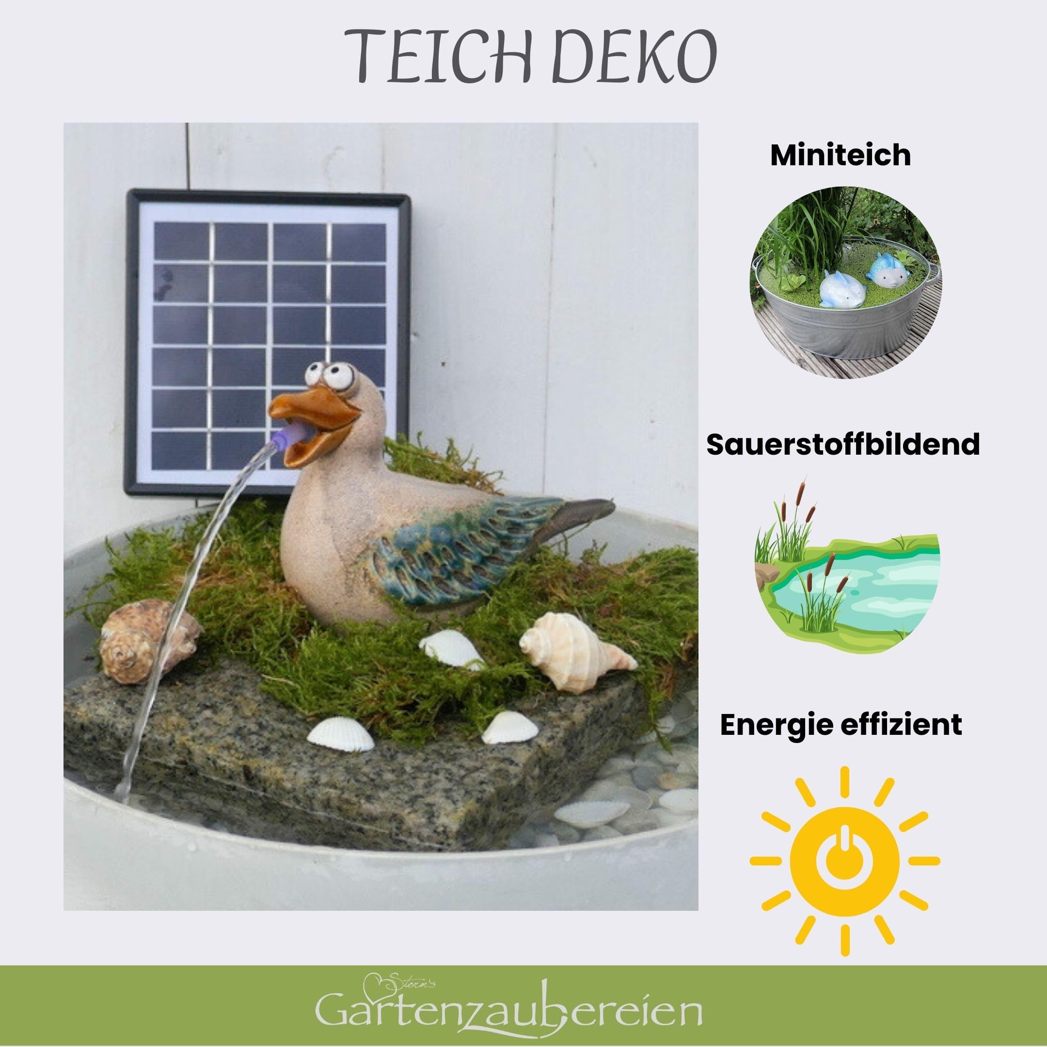 Solar-Wasserspeier Möwe für Teiche und Miniteiche - Keramik Tierfigur mit Solarpumpe - Garten und Balkondeko, Solarbrunnen