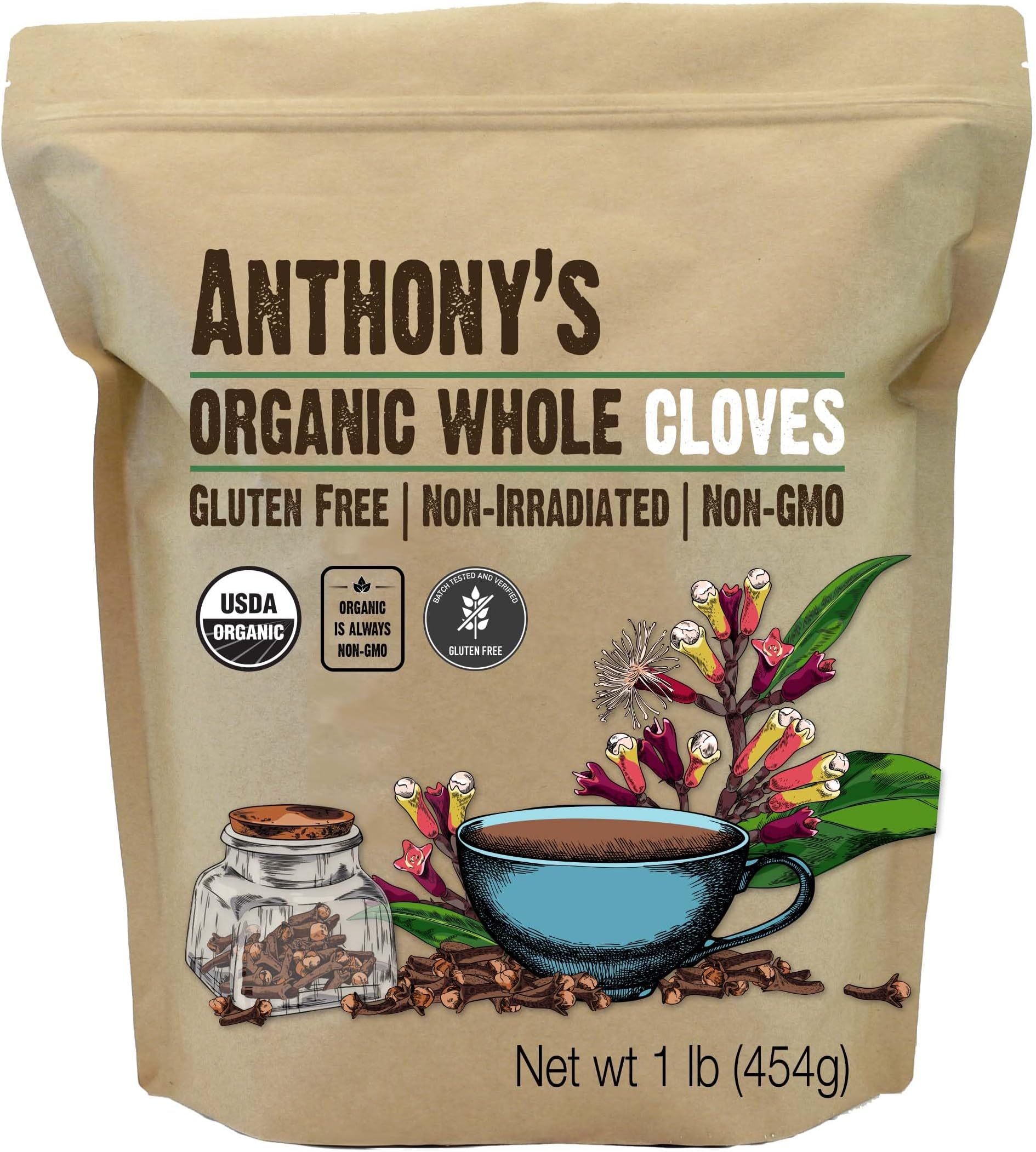 Anthony's Organic Whole Cloves, 1 lb, Gluten Free, Non GMO, Non Irradiated, Keto Friendly
