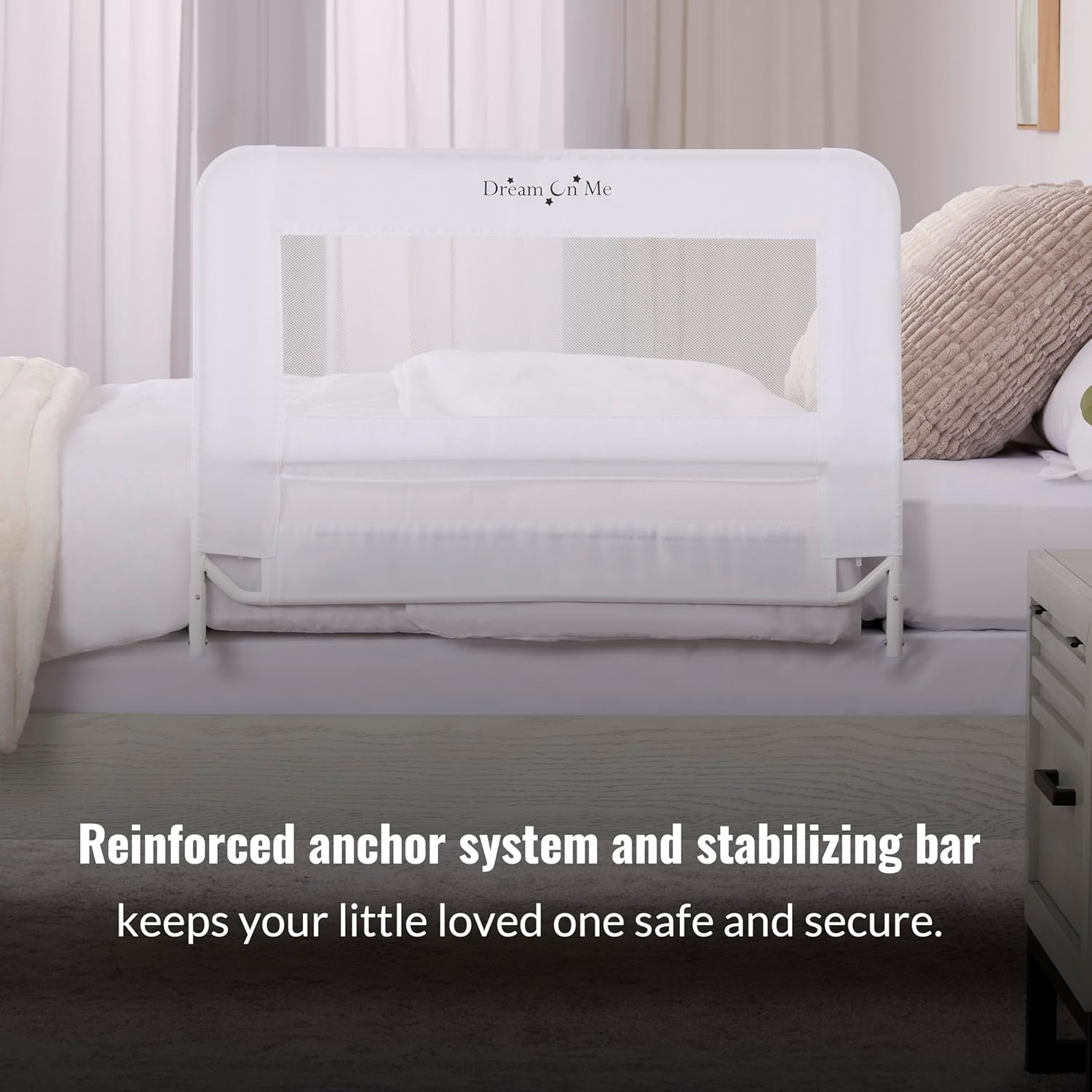 Dream On Me Lightweight Mesh Security Adjustable Bed Rail for Toddler, Breathable Mesh Fabric, Suitable for All Types Of Beds, Reinforced Anchor System Bed Guard Rail, White