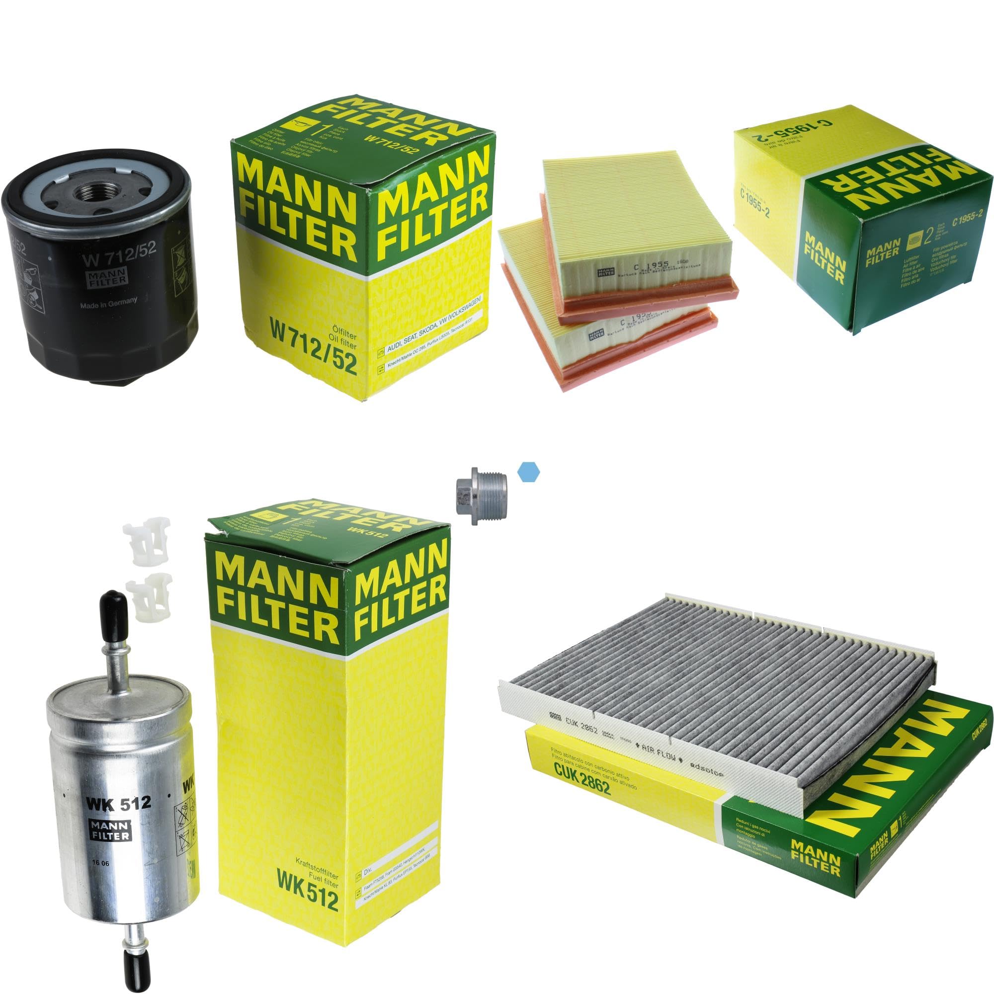 Paquete de inspección Kit de mantenimiento de filtros con filtro de aceite W 712/52, filtro de aire C 1955-2, filtro de combustible WK 512, filtro de habitáculo CUK 2862, tornillo de cierre