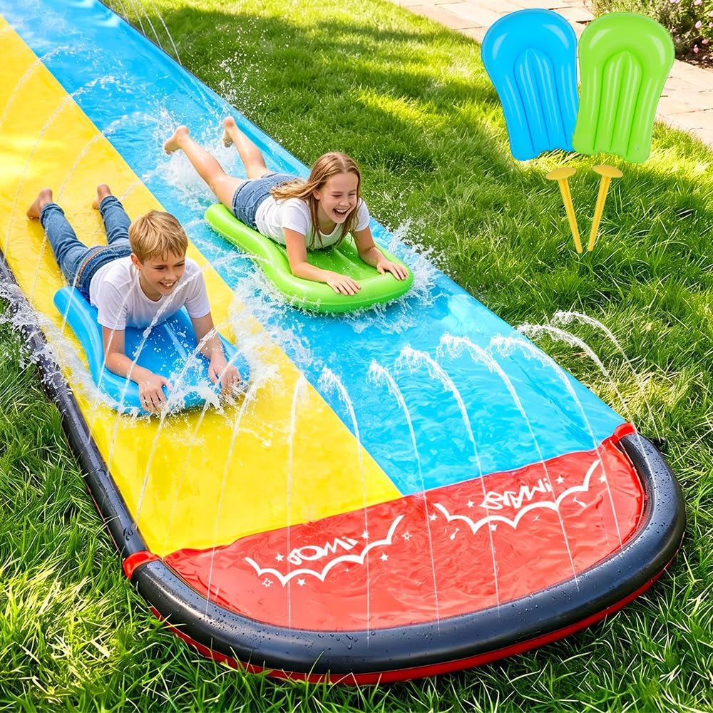 Wasserrutsche Garten für Kinder 610cm/20ft Doppelrutsche mit Sprinkler Bodyboards